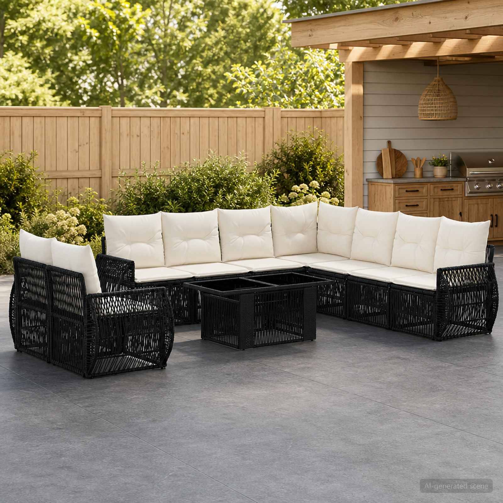 Outdoor-Sitzmöbel-Set mit schwarzem Rattan-Ecksofa und Sesseln, weißen Kissen und passenden Couchtischen auf einer Betonterrasse neben einer Hoflaube und einem Grillbereich.