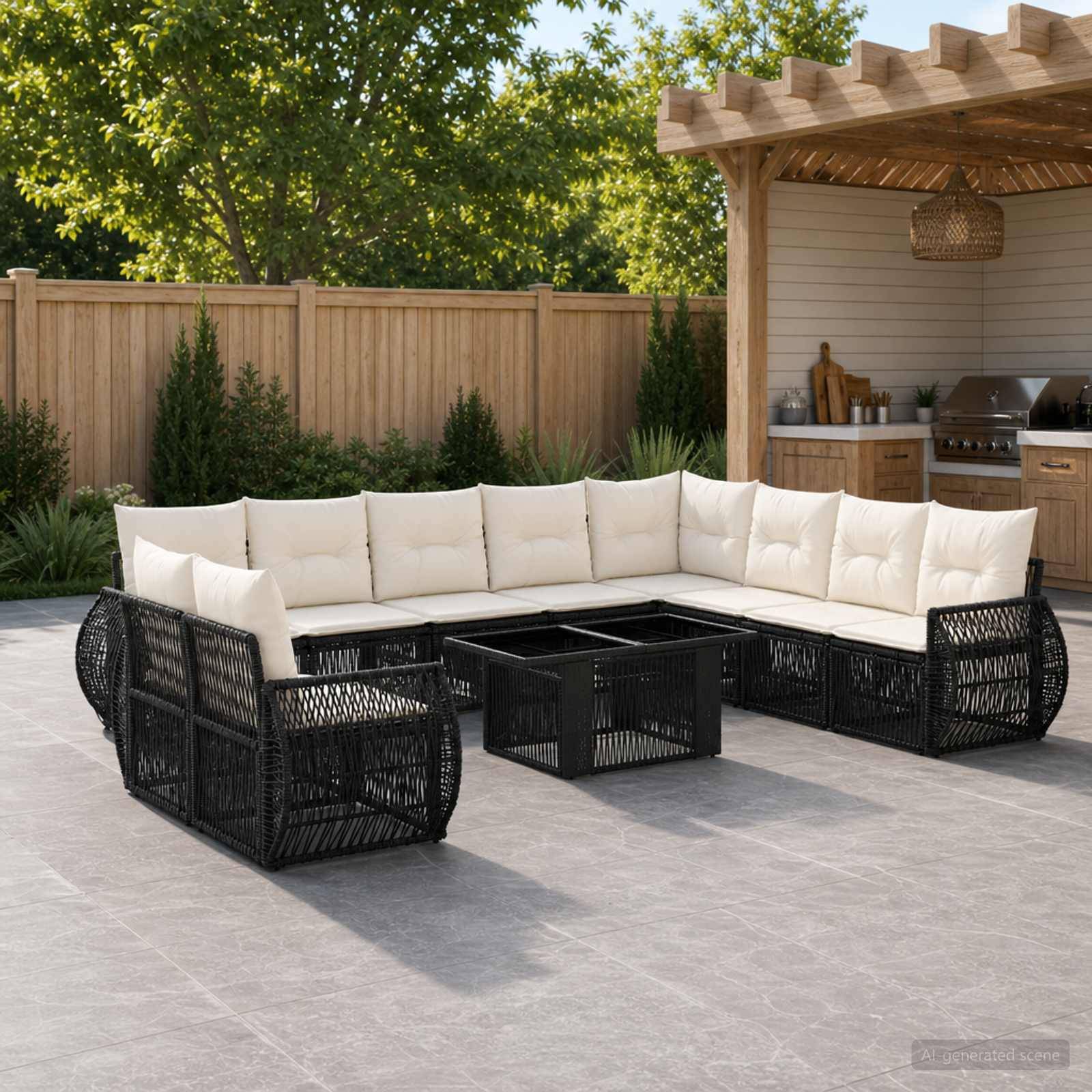 Außenterrasse mit einem schwarzen Rattan-Ecksofaset und cremefarbenen Kissen, die um niedrige Tische neben einer überdachten Außenküche mit Pergola angeordnet sind.