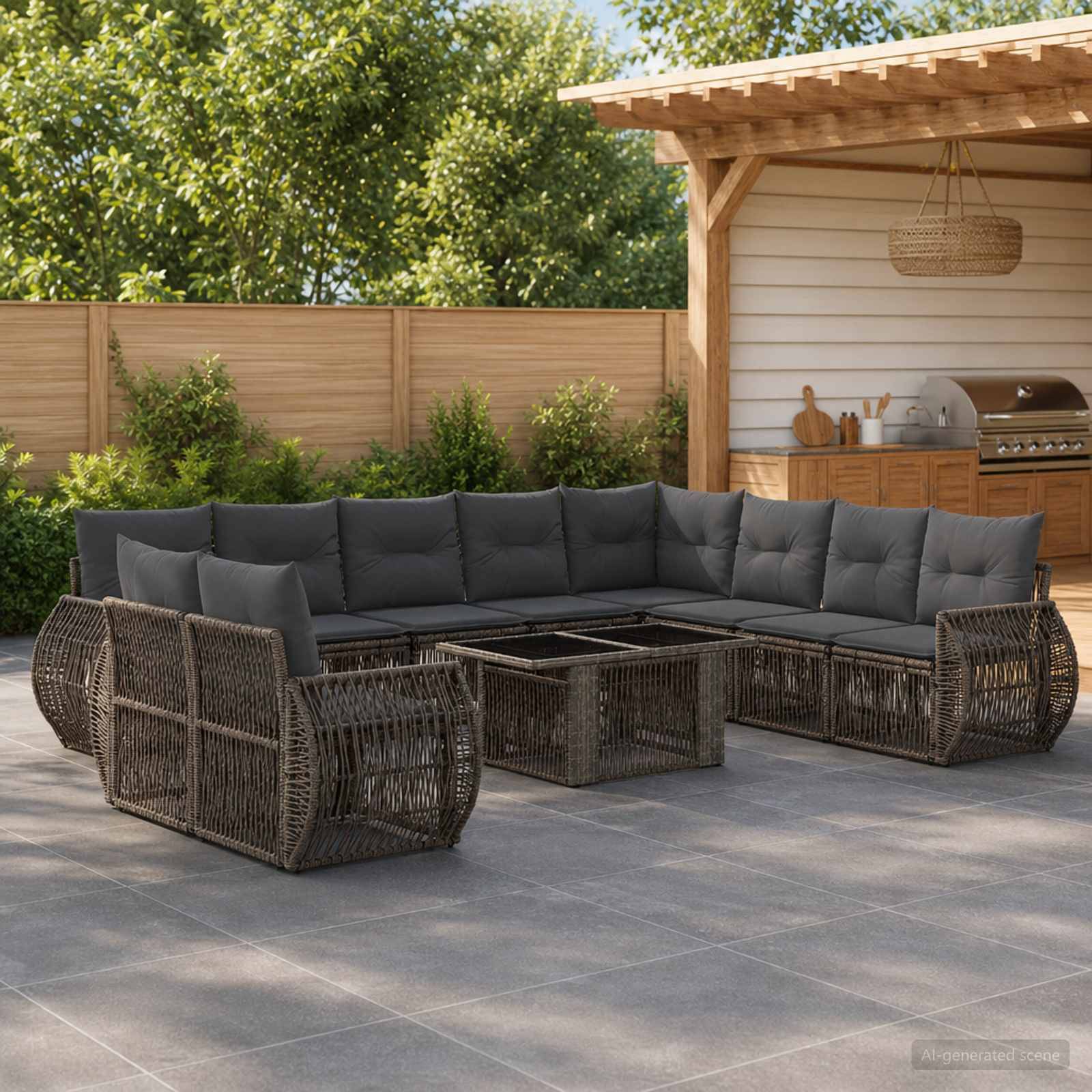 Outdoor-Terrasse mit großem dunkelm Korbsektionalsofa, quadratischen Couchtischen und einem überdachten Grillbereich gegen einen Holzzaun.