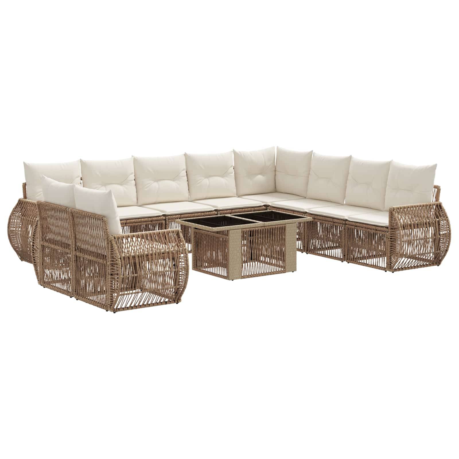 Polyrattan-Gartensofagarnitur mit beigefarbenen Kissen und passendem quadratischem Couchtisch.