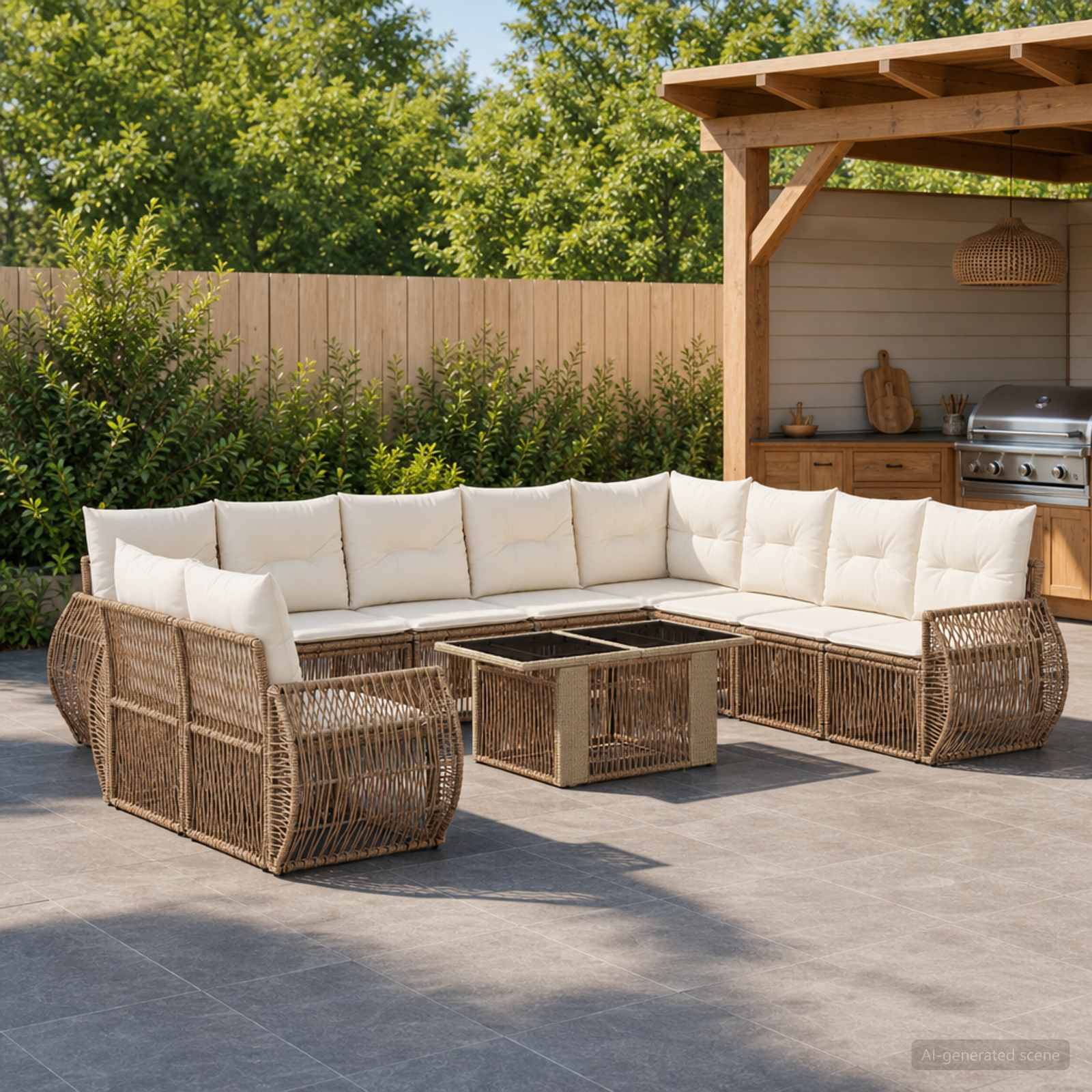 Außenbereich-Terrassensitzgruppe mit Rattansektionalsofa, cremefarbenen Kissen und quadratischem Couchtisch neben einer überdachten Grillstation.