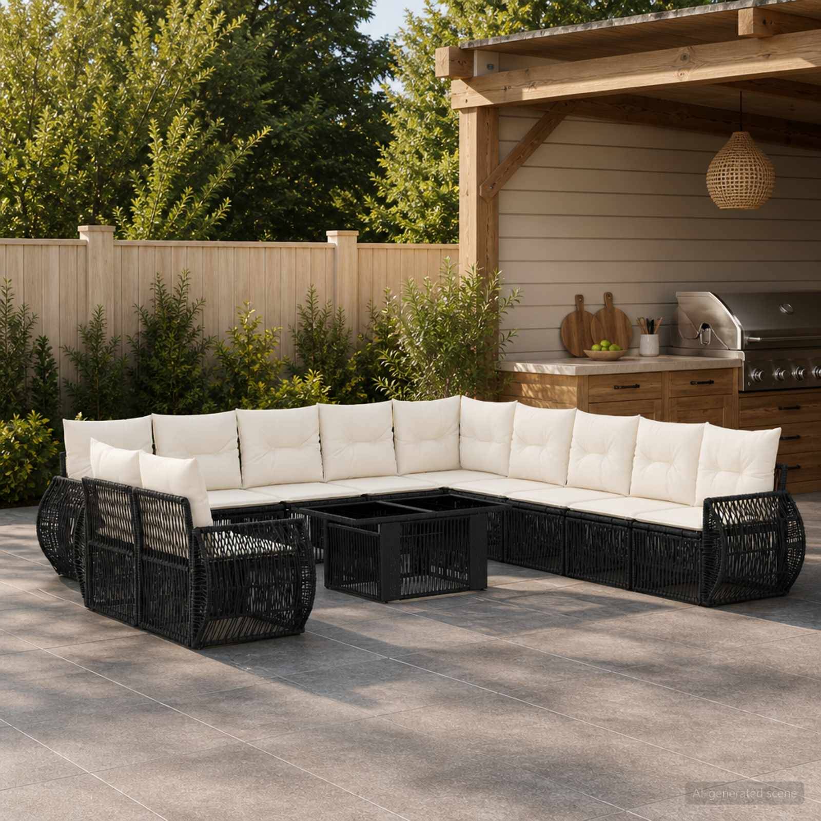 Outdoor-Terrasse mit einem schwarzen Korbgeflecht-U-förmigen Sectional-Sofa und cremefarbenen Kissen um einen zentralen Tisch neben einer Außenküche im Hinterhof und einem Zaun.