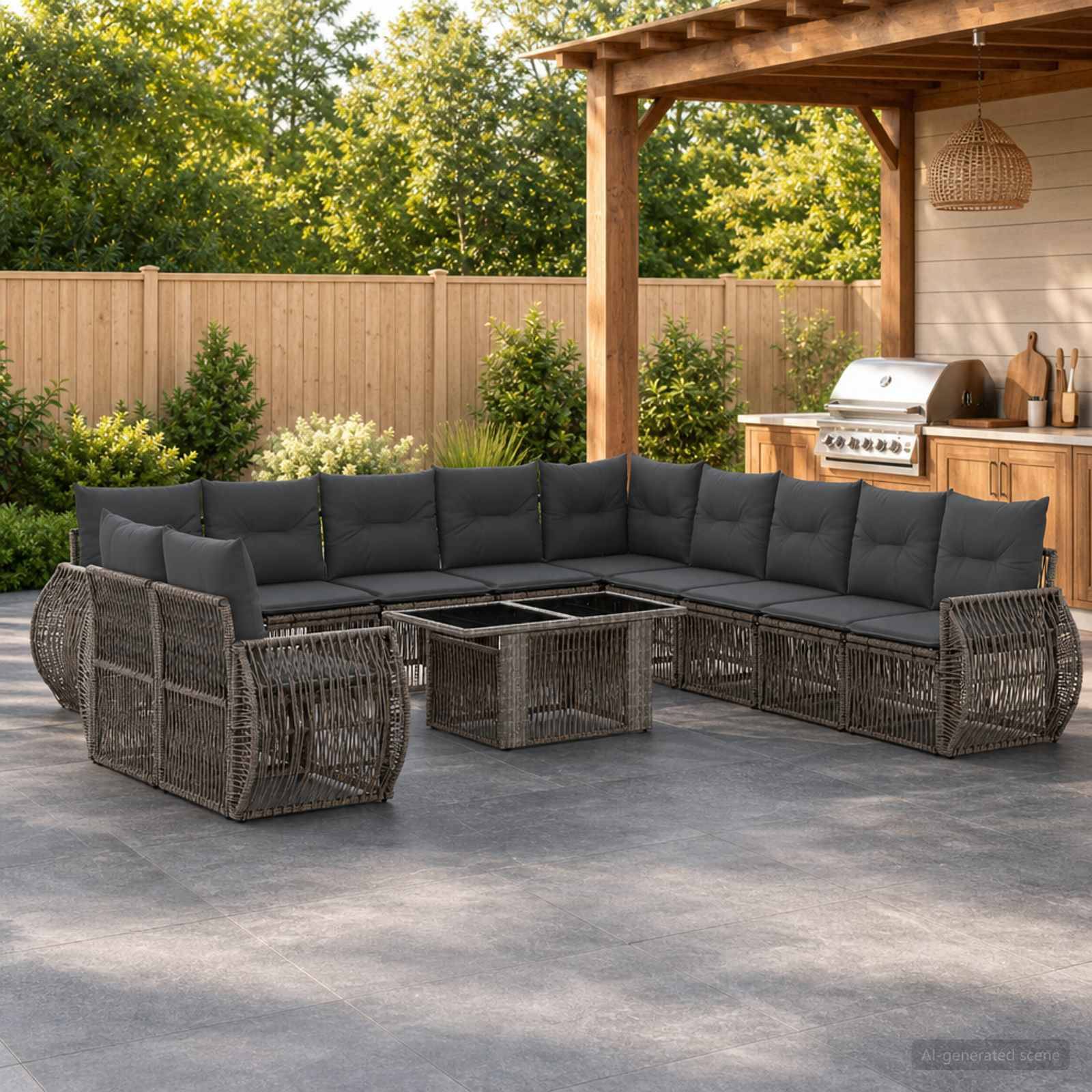 Außenbereich einer Terrasse mit einem dunklen Rattan-Ecksofa, passendem Couchtisch und einem eingebauten Grill unter einer Holzpergola neben einem eingezäunten Hof.