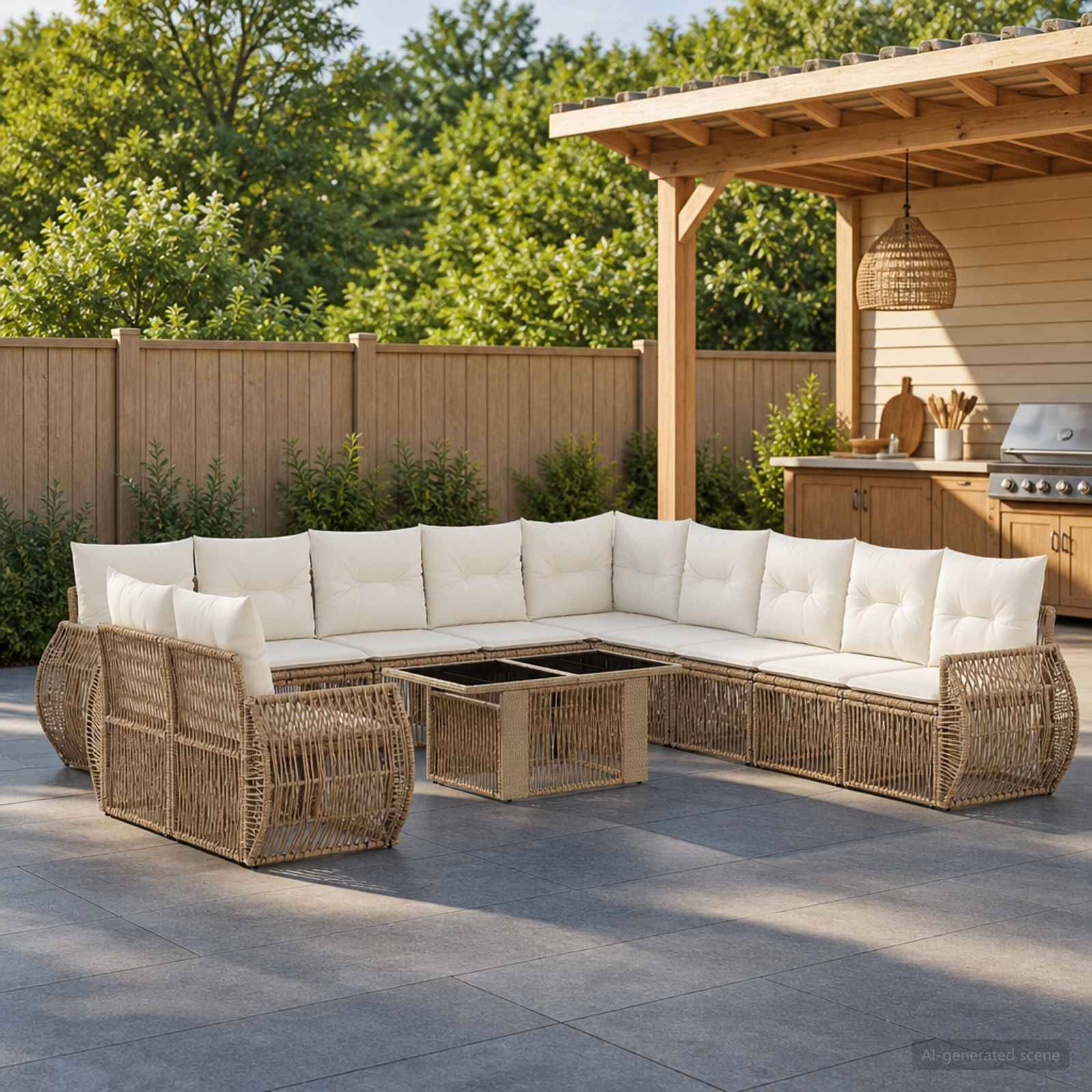 Outdoor-Terrasse mit L-förmiger Polyrattan-Eckbank und weißen Polstern um eine quadratische Feuerstelle, neben einem überdachten Grillbereich und Holzzaun.