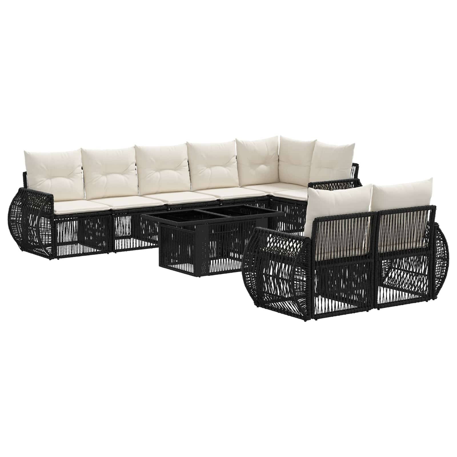 Schwarzes Polyrattan-Außensektor-Sofa-Set mit cremefarbenen Kissen und passendem quadratischem Couchtisch auf weißem Hintergrund.