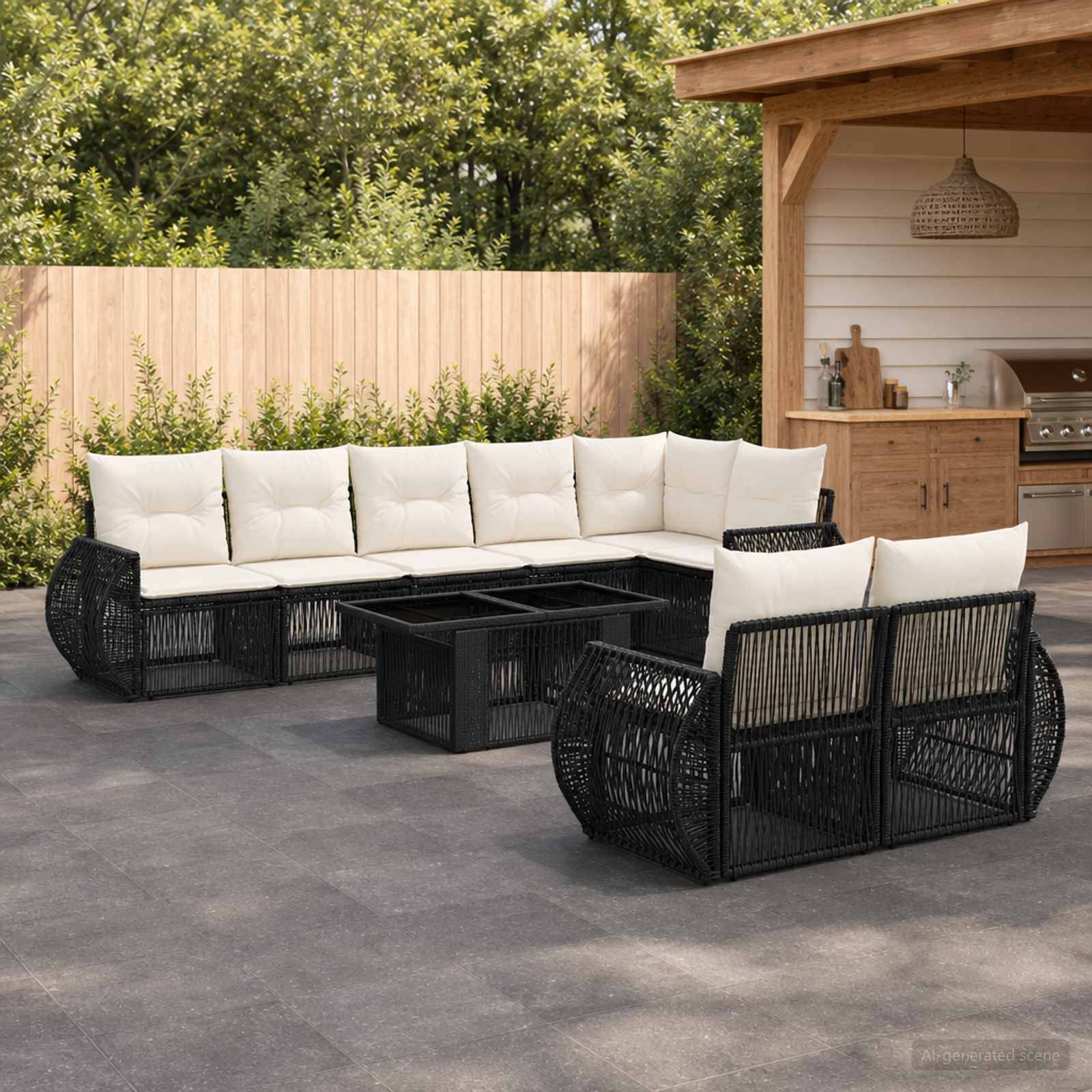 Outdoor-Sitzbereich mit schwarzen geflochtenen Sofas und cremefarbenen Kissen um einen passenden Couchtisch neben einer Außenküche aus Holz.