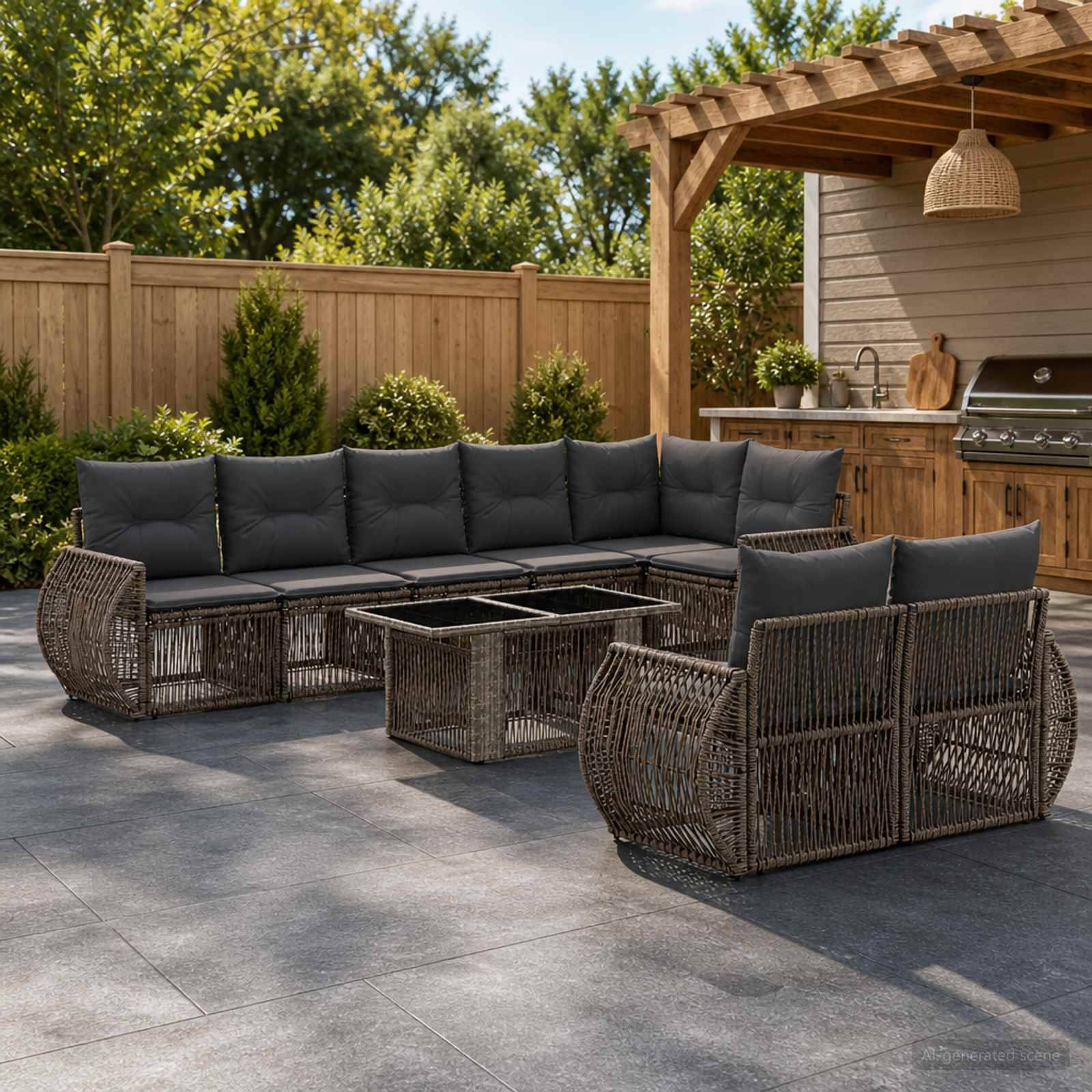 Outdoor-Terrasse mit Korbgeflecht-Ecksofa, zwei passenden Stühlen und einem niedrigen Couchtisch neben einem überdachten Grill und einer Holzpergola.
