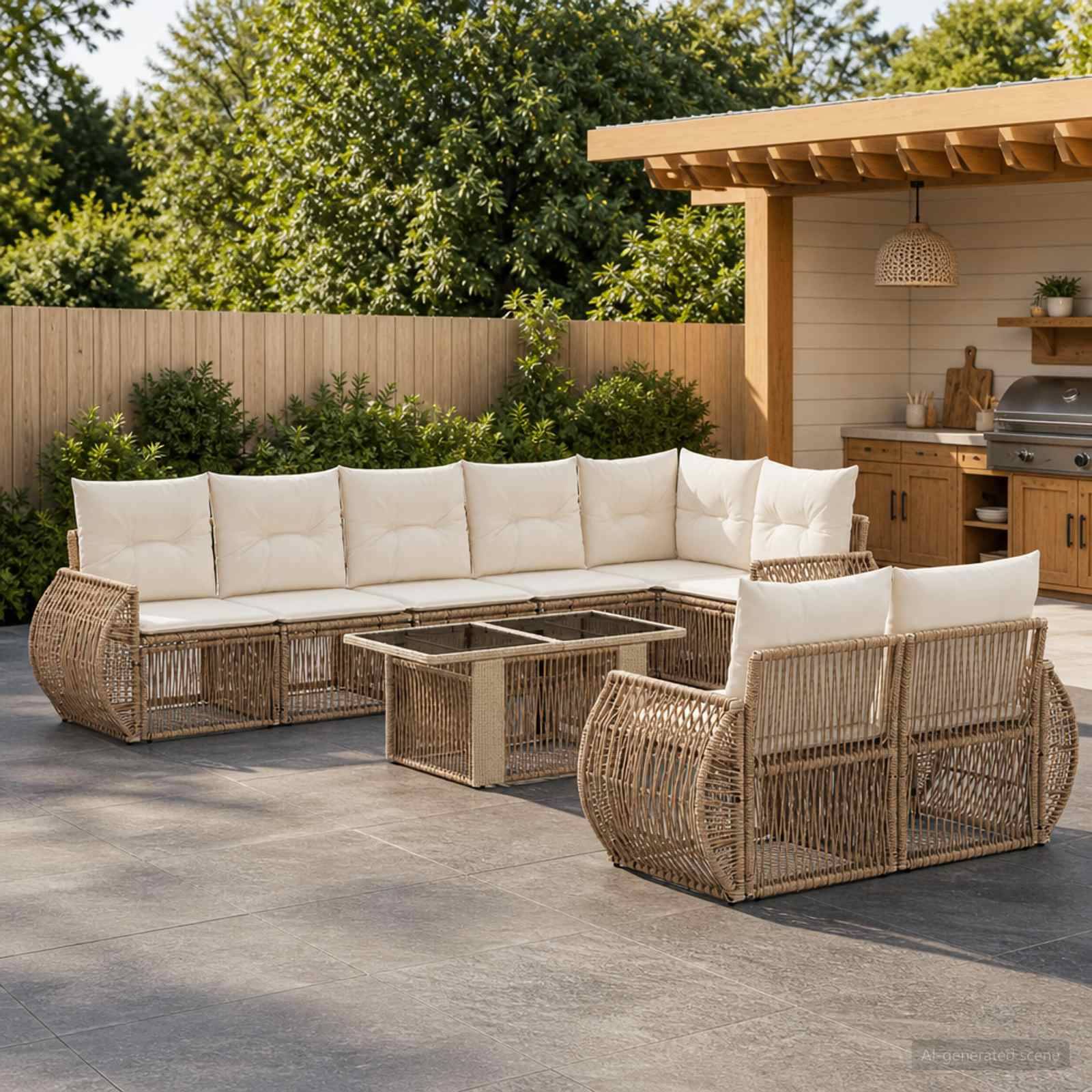Außenpatio mit Rattan-Ecksofa, passenden Stühlen und Couchtischen neben einem eingebauten Grill und einer Holzpergola.