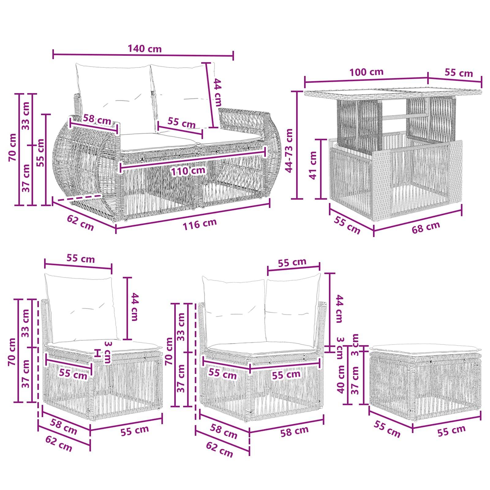 Diagramm von Korbmöbeln für die Terrasse mit Dimensionsbezeichnungen, das ein Sofa, einen Lagertisch, einen Stuhl, einen Eckplatz und ein Sitzkissen in Zentimetern zeigt.
