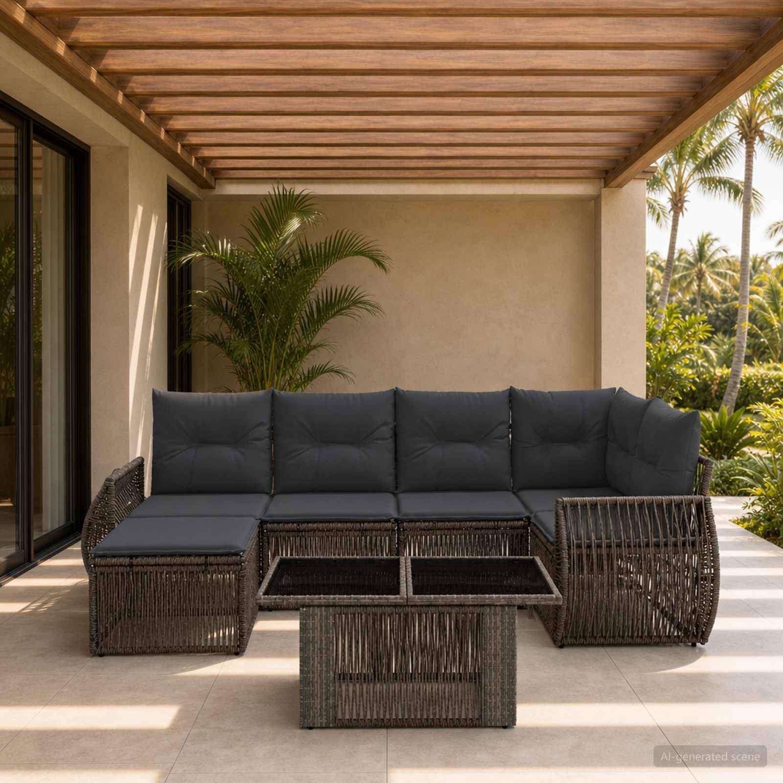 Außenterrasse mit dunklem Polyrattan-Ecksofa und Couchtisch unter einer Holzpergola, neben tropischen Pflanzen und Palmen.
