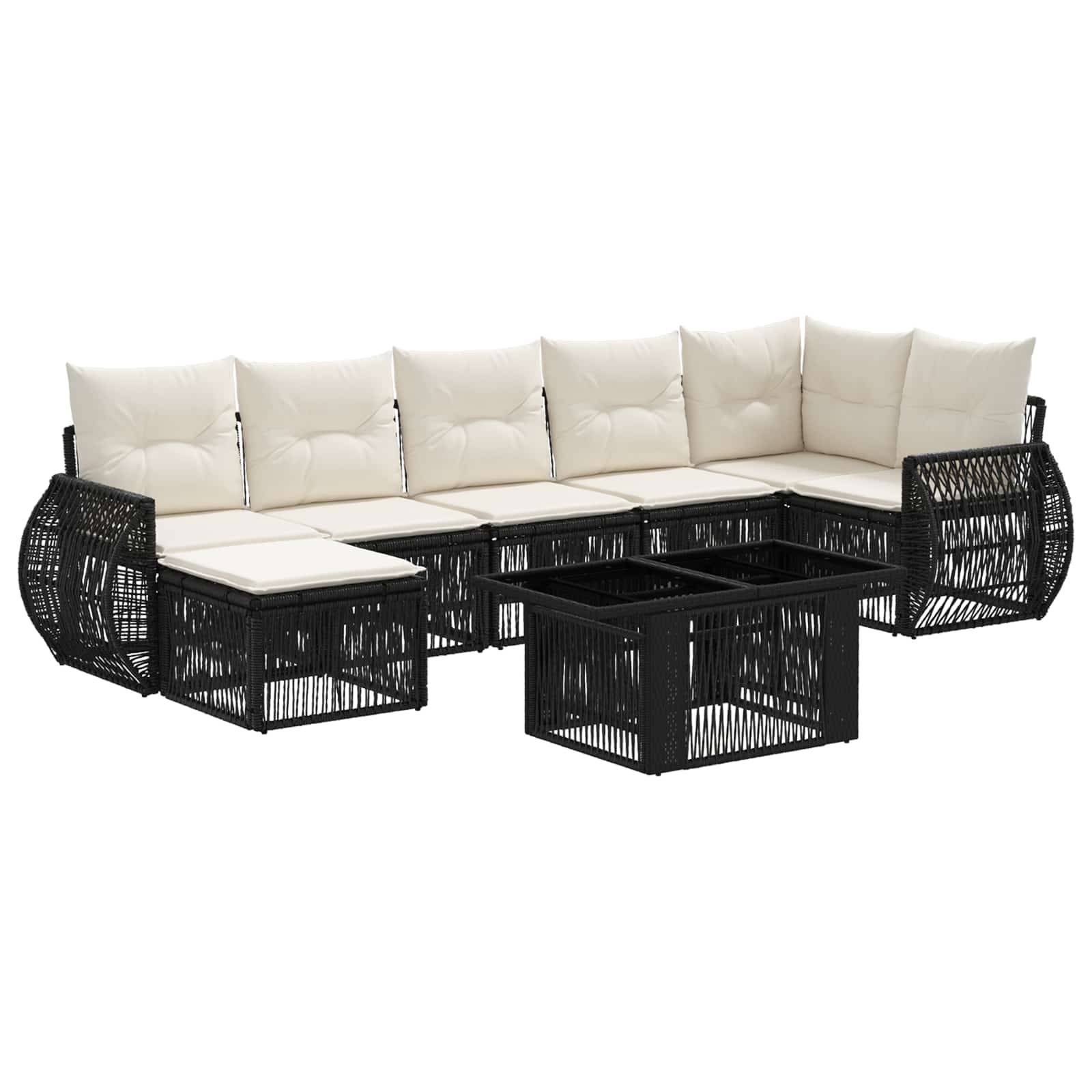 Schwarzes Rattan-Außensektional-Sofa mit cremefarbenen Kissen und passenden zentralen Couchtischen auf weißem Hintergrund