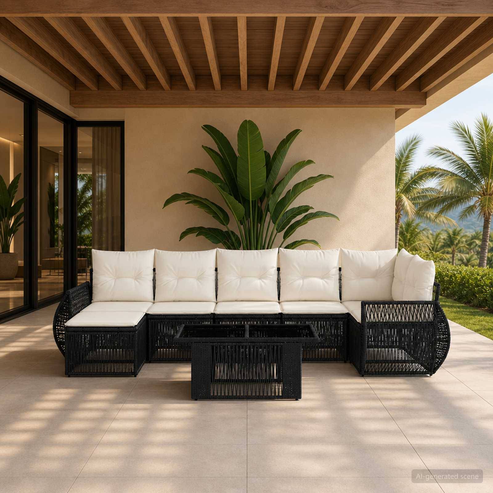 Außenterrasse mit schwarzem gewebtem Ecksofa, weißen Kissen und Couchtisch unter einer Holzpergola mit Blick auf Palmen.