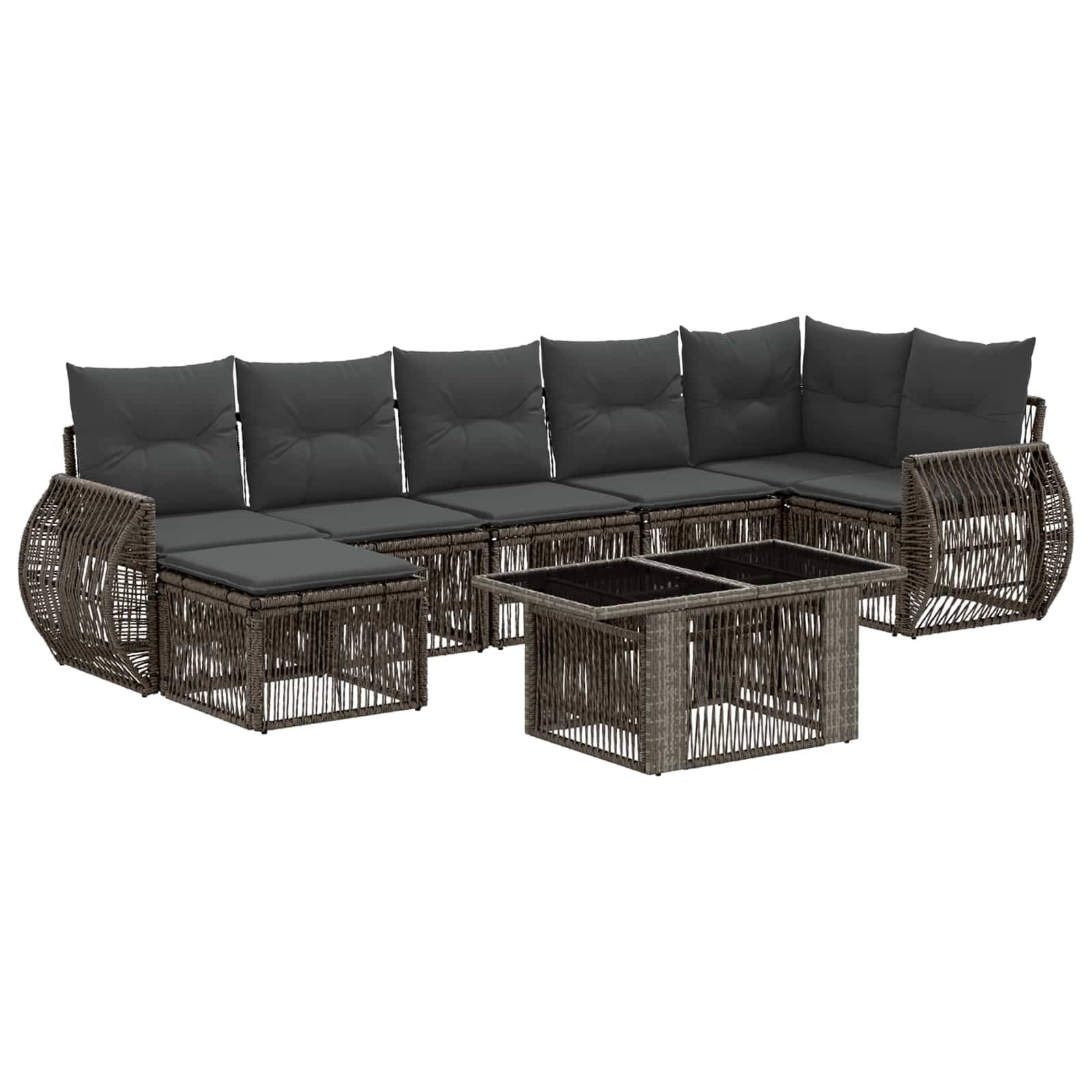 Outdoor-Rattan-Ecksofa-Set mit grauen Kissen und zwei passenden Couchtischen