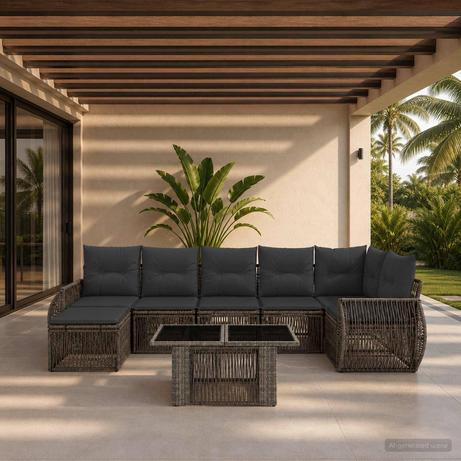 Außenterrasse mit Korbsektionalsofa, Couchtisch und Topfpflanze unter einer lamellenbespannten Pergola, mit Palmen und Rasen im Hintergrund.