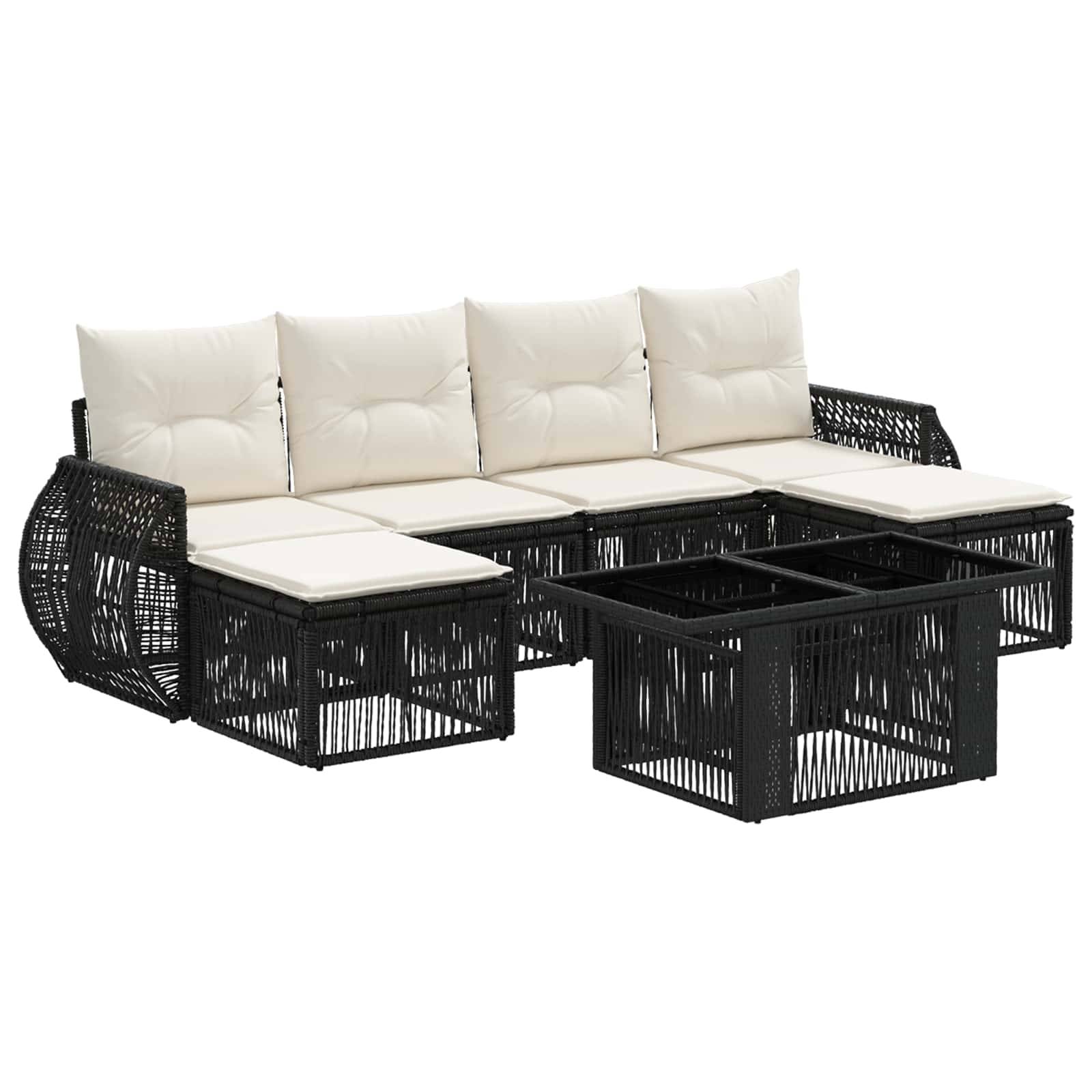 Schwarzes Polyrattan-Gartensofaset mit beigen Kissen und passendem Couchtisch auf weißem Hintergrund.