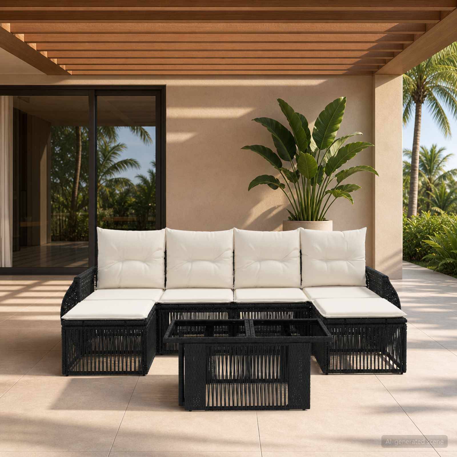 Außenbereich mit Sitzecke, bestehend aus einem schwarzen Rattansofa, weißen Kissen und einem niedrigen Couchtisch unter einer Holzpergola neben Palmen und einer Glasschiebetür.