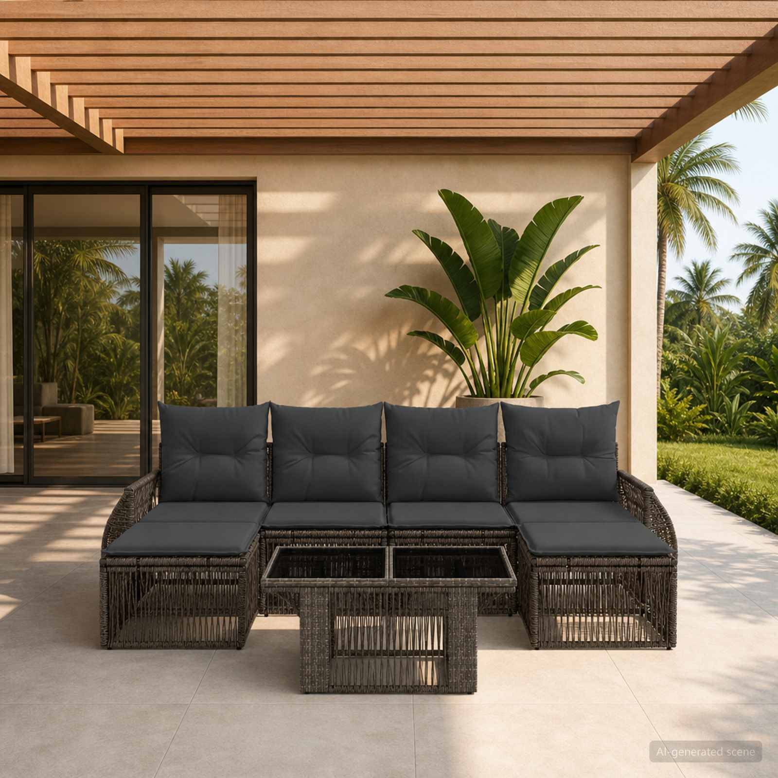 Outdoor-Terrasse mit dunklem Rattansektionalsofa, Glaskaffeetischen und tropischen Pflanzen neben einem modernen Haus.