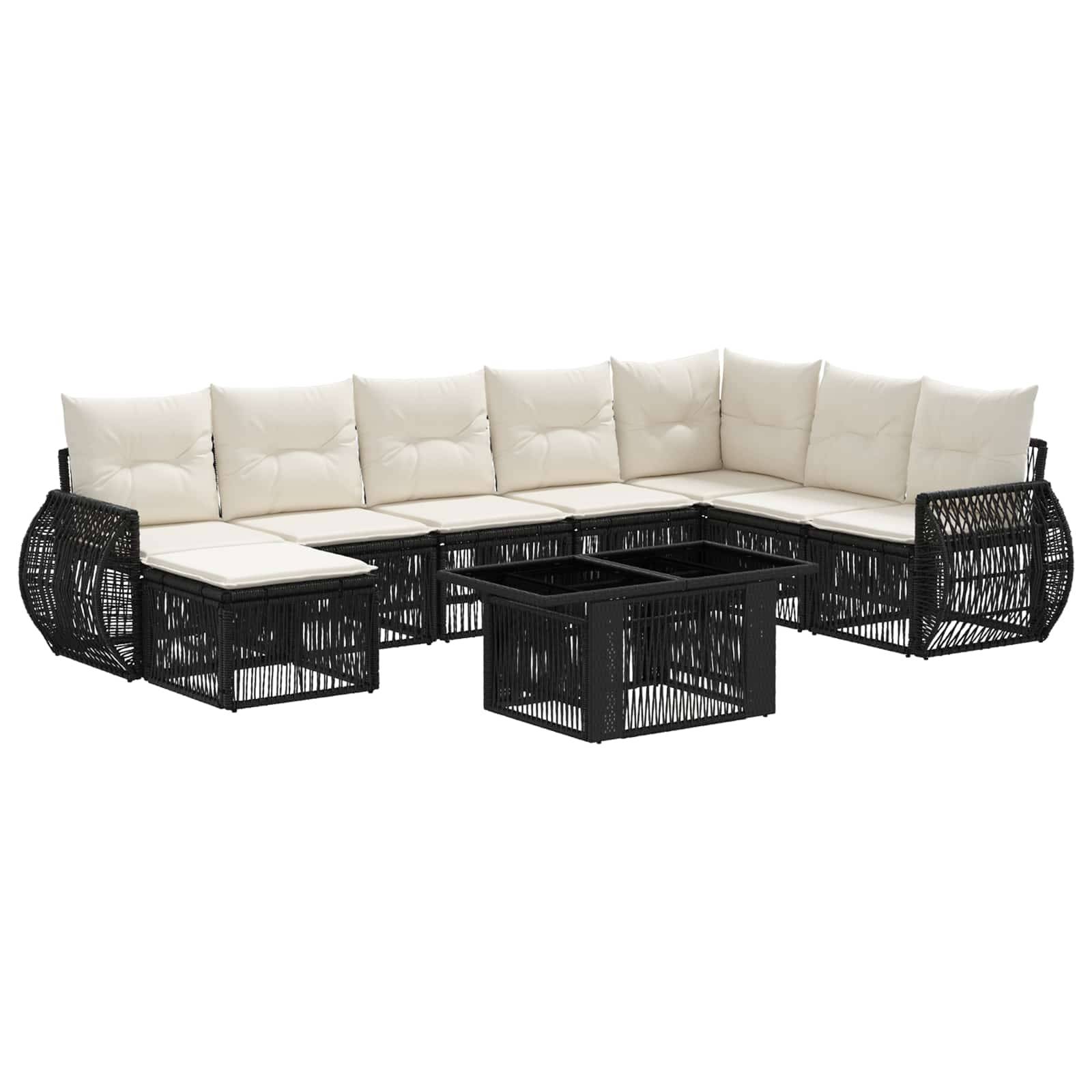 Schwarzes modulares Rattanecksofa für die Terrasse mit cremefarbenen Kissen und zwei quadratischen Couchtischen auf weißem Hintergrund