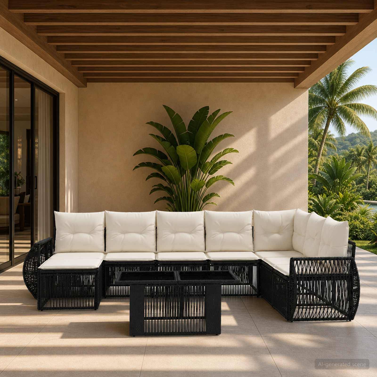 Outdoor-Terrasse mit weißem Ecksofa und schwarzen Rattanrahmen unter einer Holzpergola, mit tropischen Pflanzen und Bergblick.