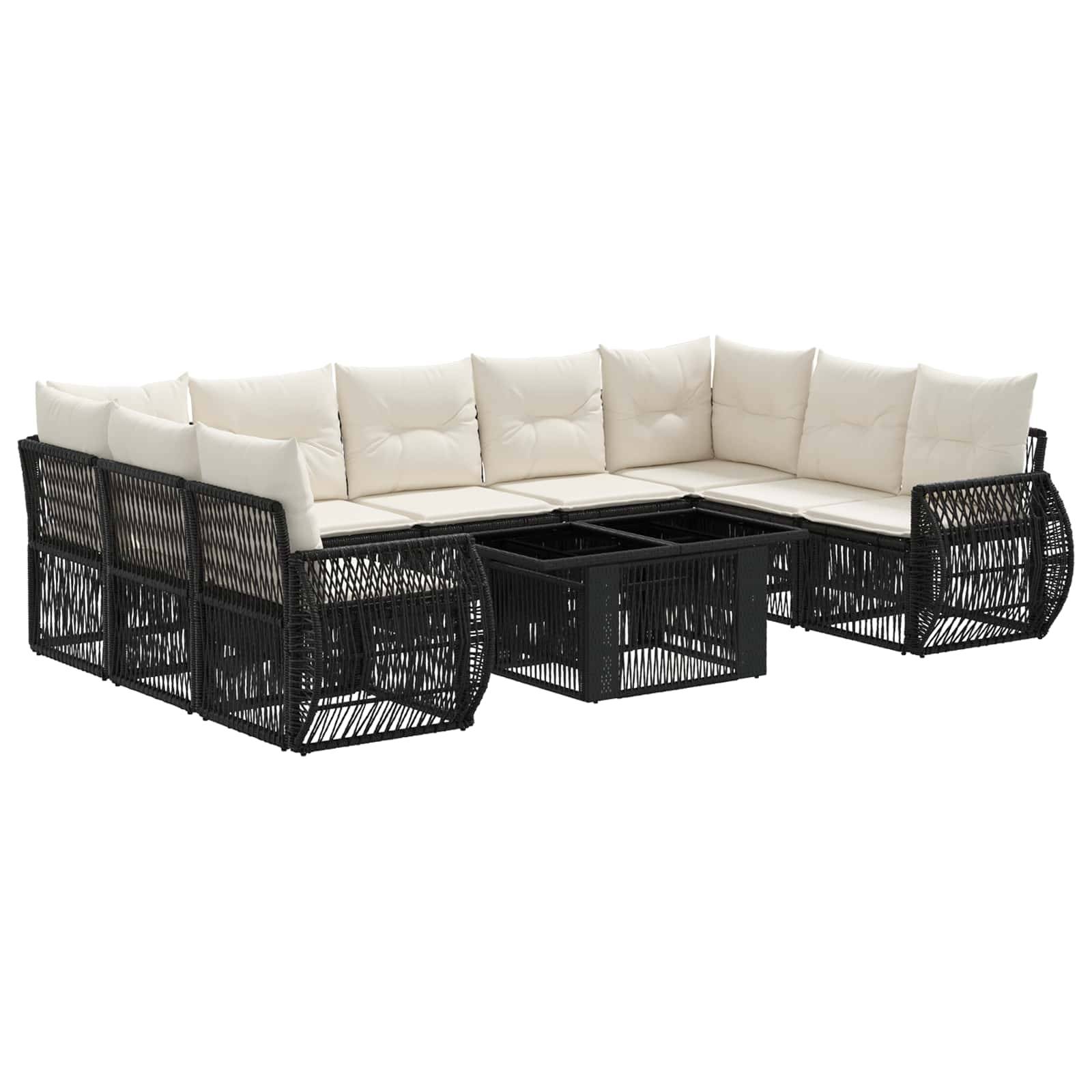 Schwarzes Korbgeflecht-Außensektional-Sofa mit cremefarbenen Kissen und integrierten zentralen Couchtischen auf weißem Hintergrund.