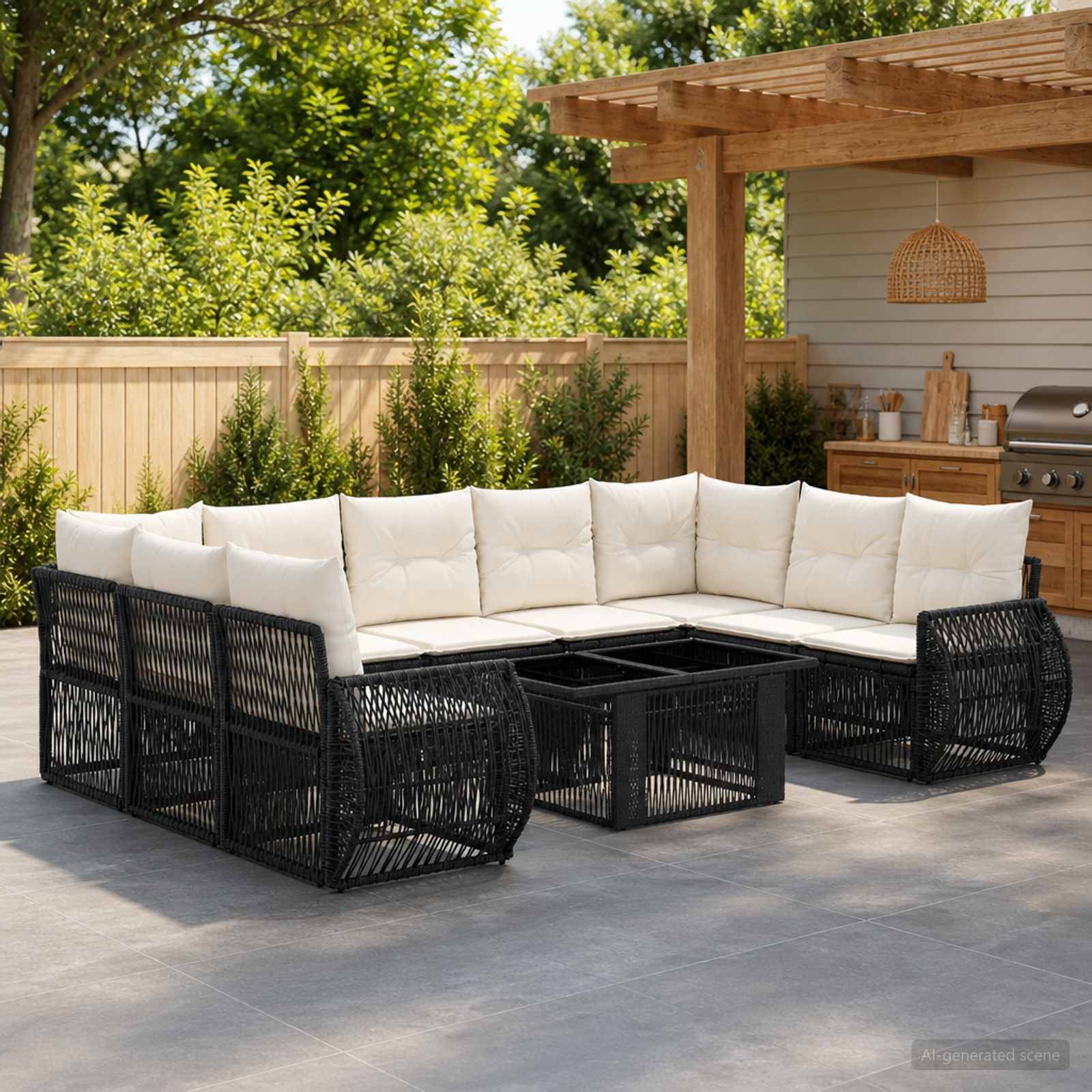 Schwarzes Rattan-Außensofa mit weißen Kissen um einen quadratischen Couchtisch auf einer Terrasse neben einer Pergola und einem Grill.