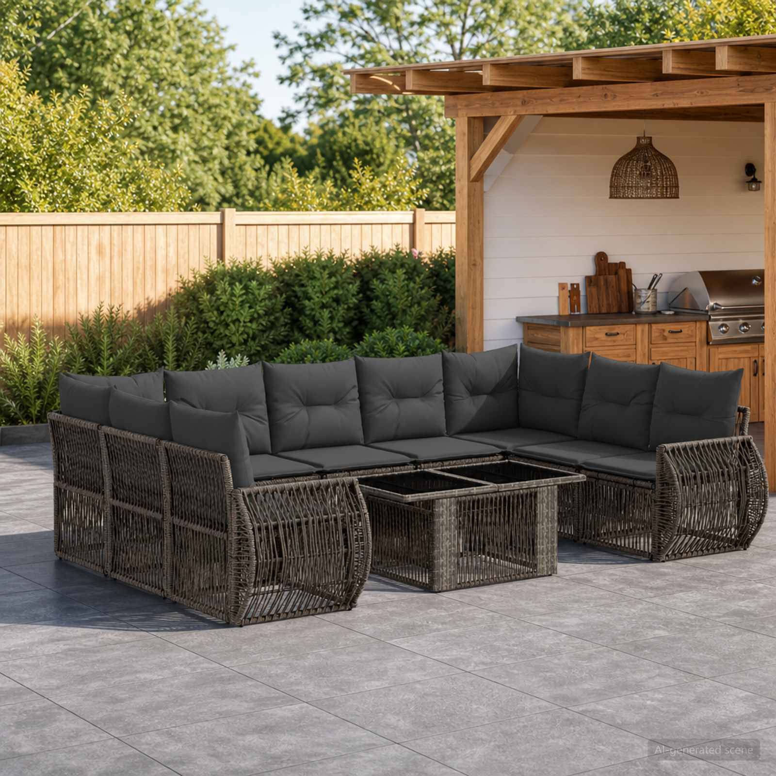 Sitzgarnitur für die Terrasse im Freien mit dunklem Rattan-Ecksofa, grauen Kissen und Glastisch-Couchtisch neben einem Barbereich im Hinterhof mit Holzdach.