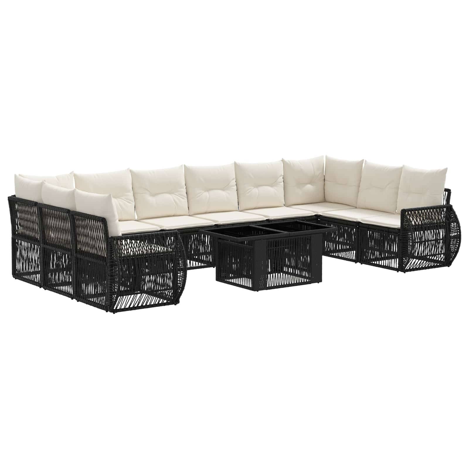 Schwarzes Rattan-Außensofa mit cremefarbenen Kissen und Glastisch mit Glasplatte, in L-Form angeordnet