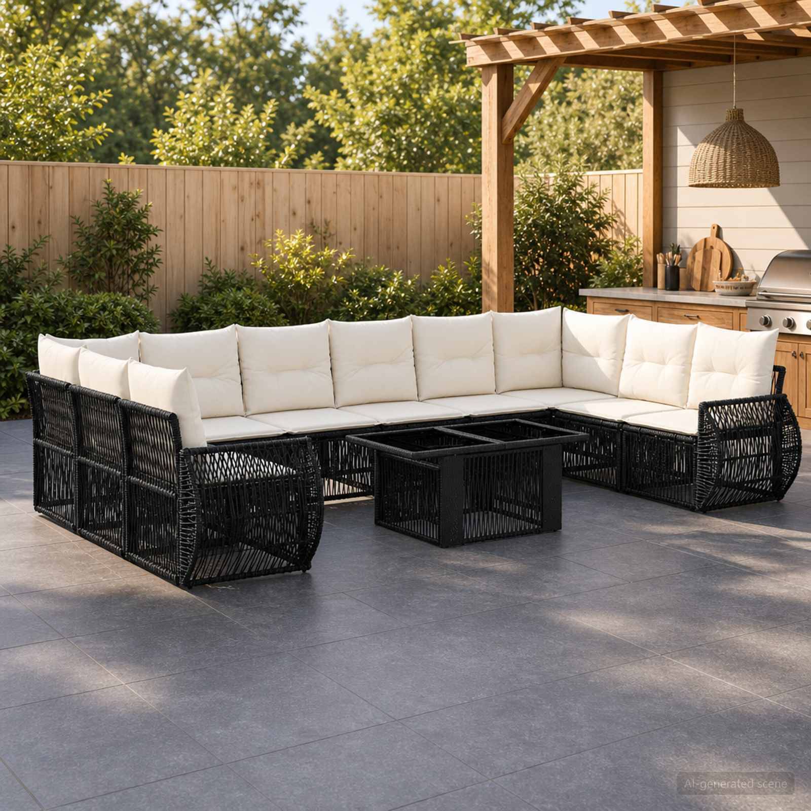 Schwarze Rattangarnituren im Freien mit weißen Kissen und Glastischen auf einer Terrasse, neben einer Pergola und einem Grillbereich.