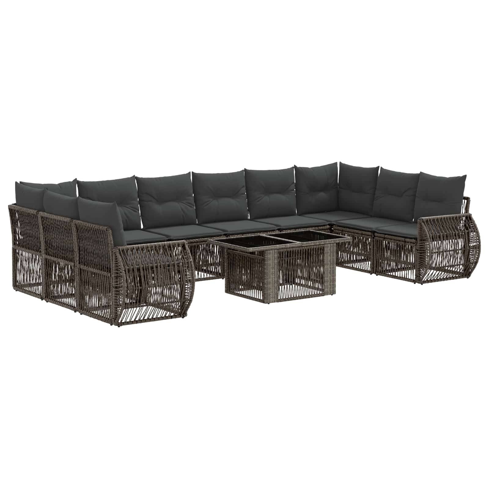 Outdoor-Rattansofa-Set mit dunklen Kissen und passendem Glastisch