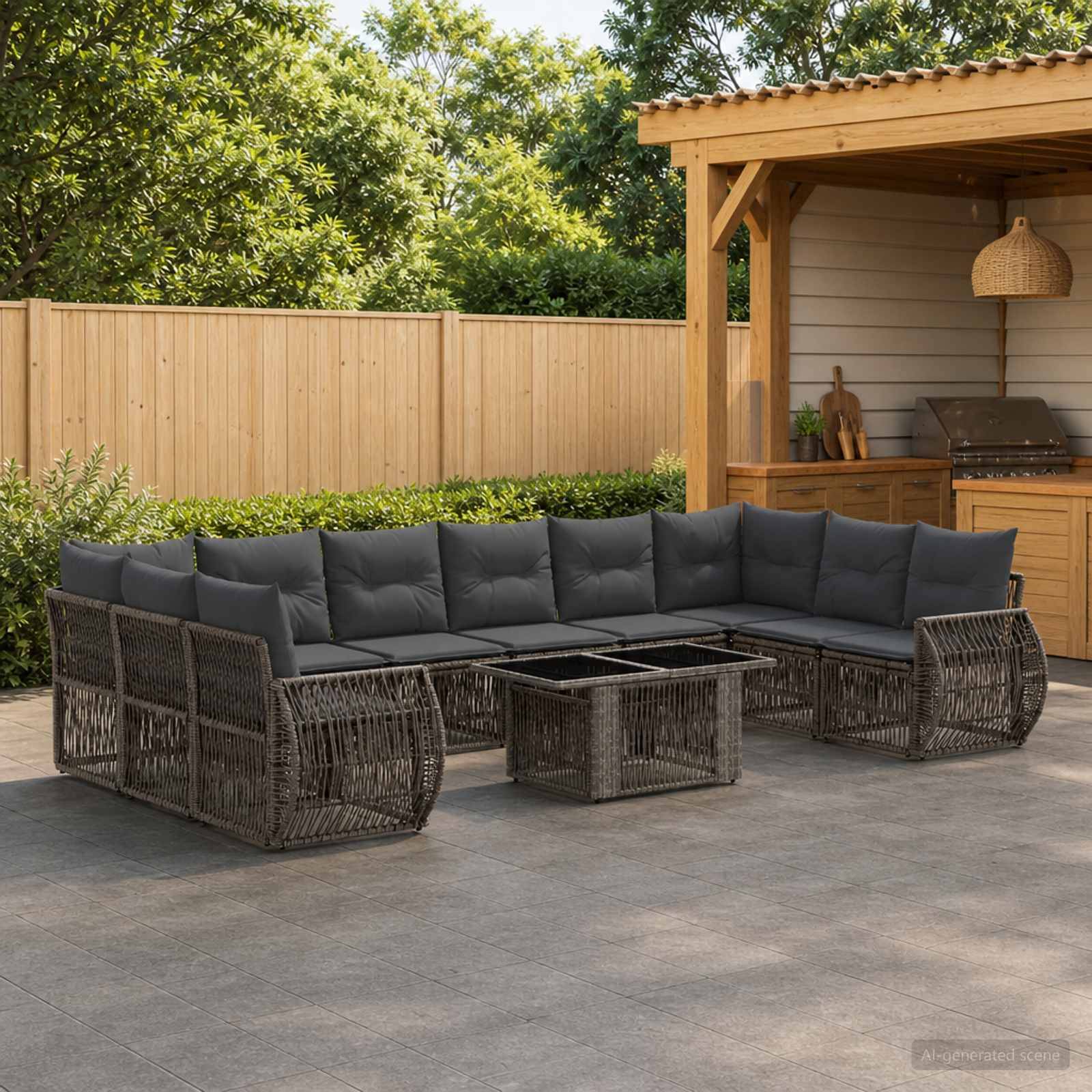 Gartenmöbel-Set im Freien mit dunklem Polyrattan-Ecksofa, schwarzen Kissen und einem Couchtisch mit Glasplatte neben einer Holzpergola und einem Zaun.