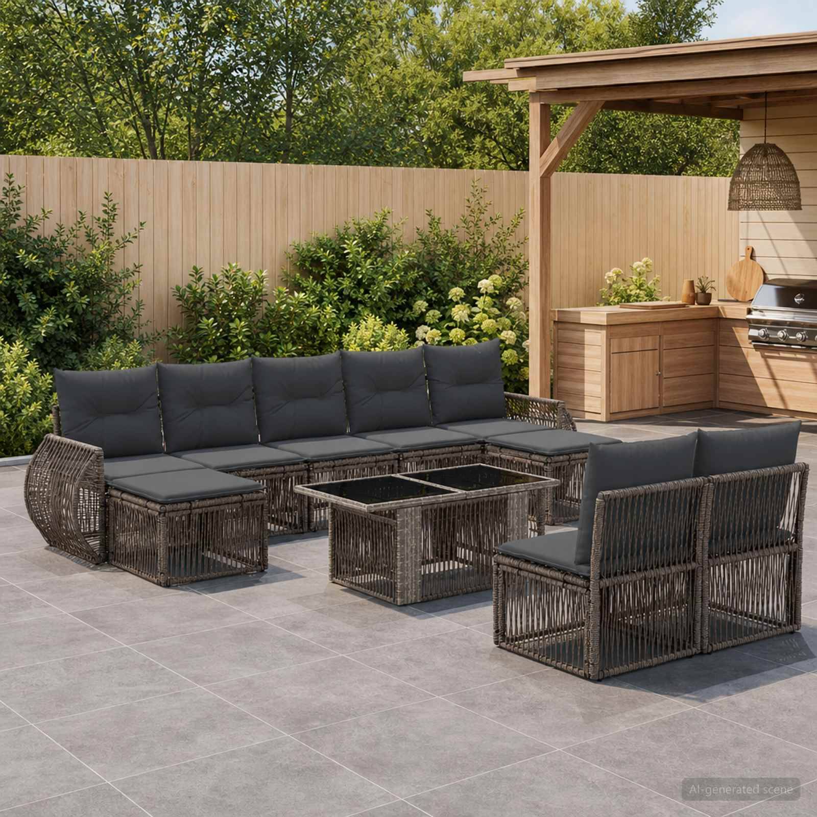 Outdoor-Terrasse mit dunklem Rattan-Ecksofa, passenden Sesseln und Couchtischen neben einer Holzpergola und einem Grillbereich in einem angelegten Hinterhof.