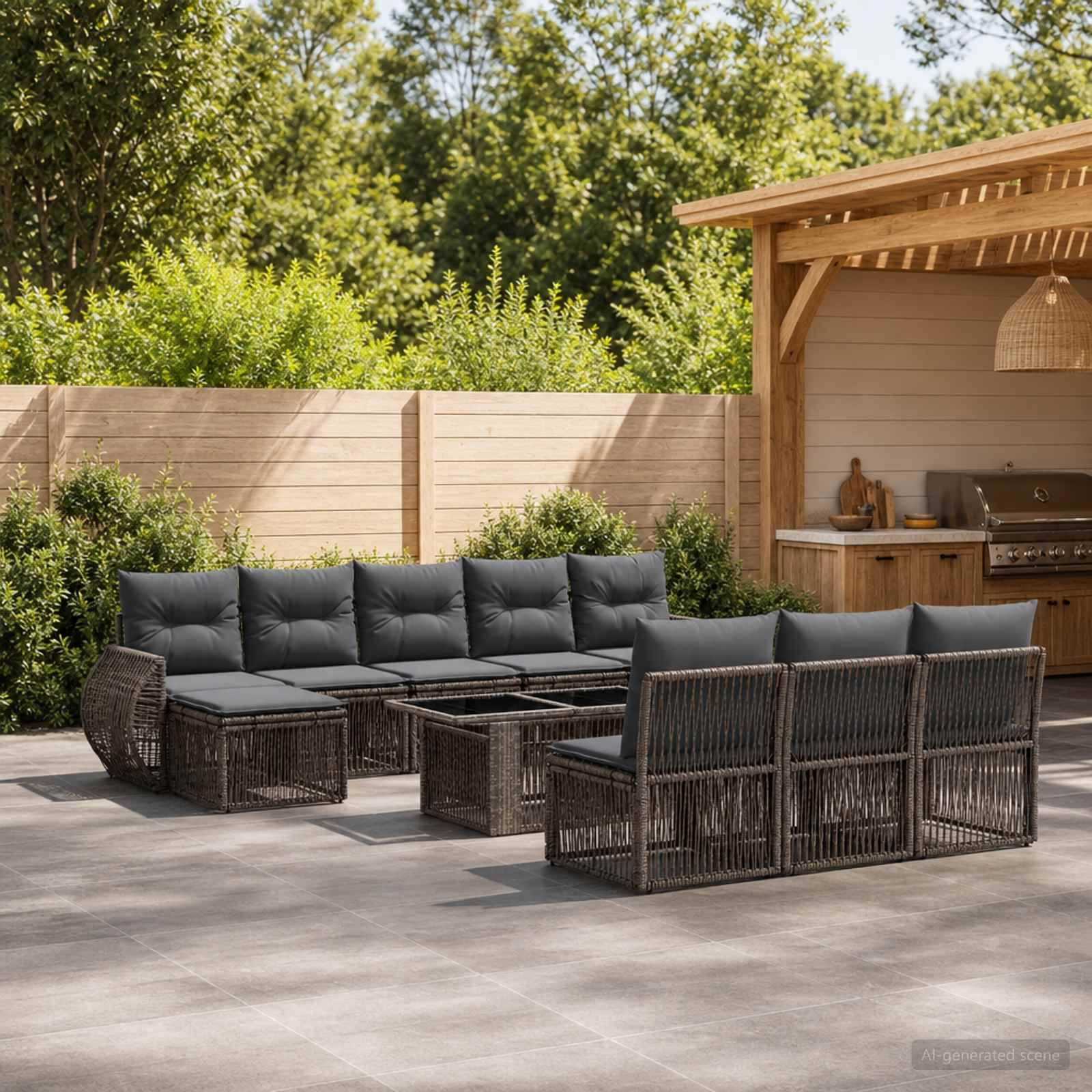 Outdoor-Terrasse mit dunklen Rattansektionalsofas um einen Glastisch neben einer überdachten Holz-Außenküche und einem Grill.