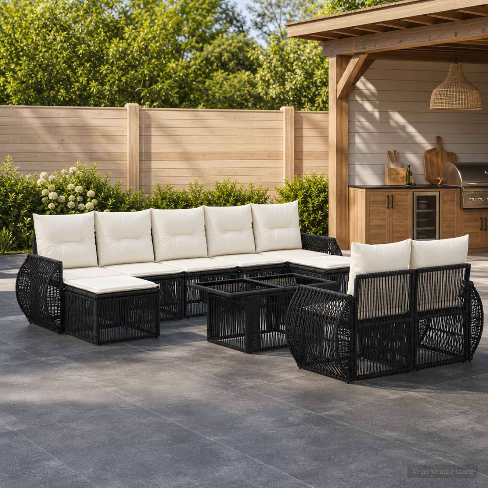 Außenbereich einer Terrasse mit schwarzen geflochtenen Sektionalsofas, cremefarbenen Kissen und dazu passenden Couchtischen neben einer Gartenbar.