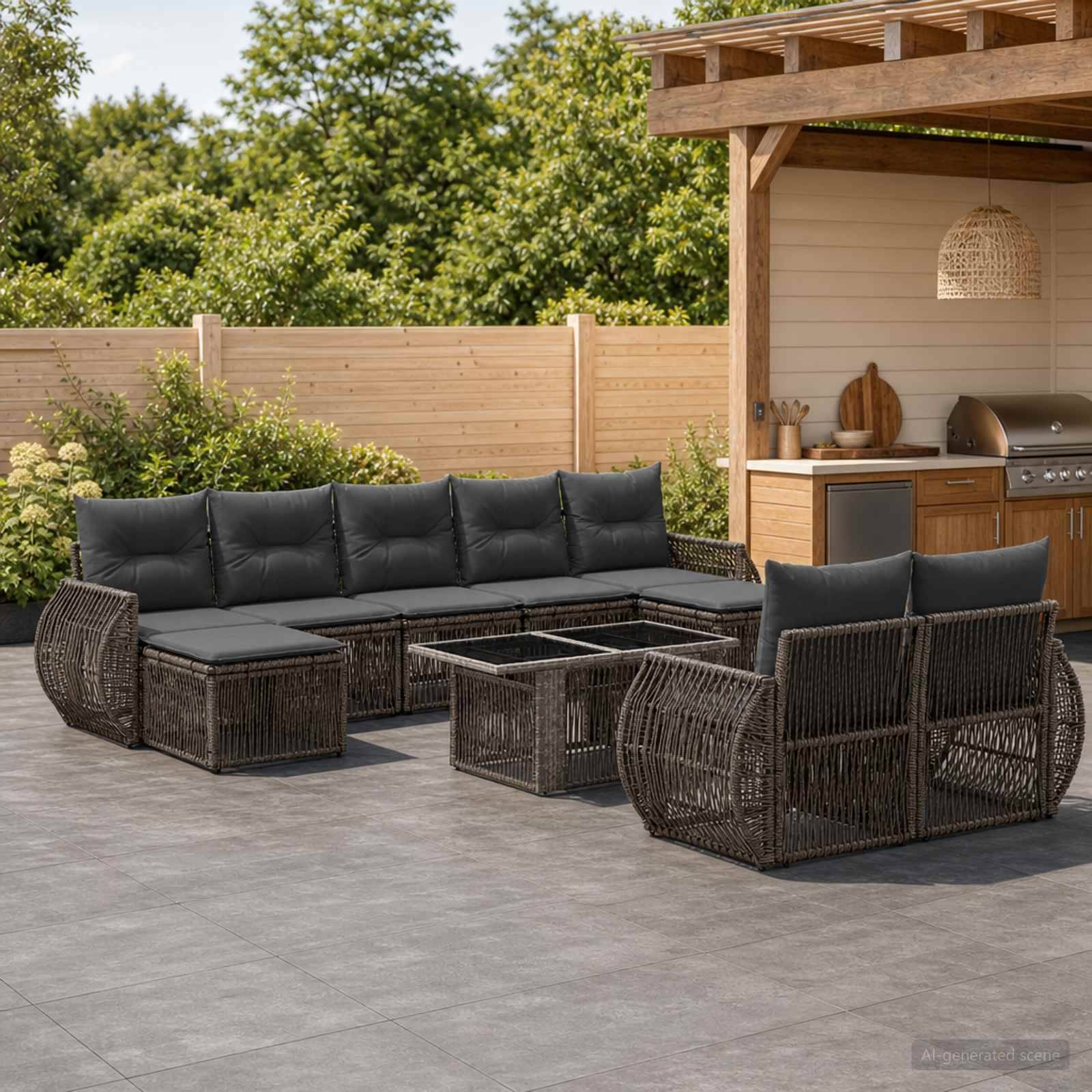 Outdoor-Terrasse mit Wicker-Ecksofa, zwei Sesseln und Glaskaffeetisch neben einer Holz-Außenküche und einem Grill.