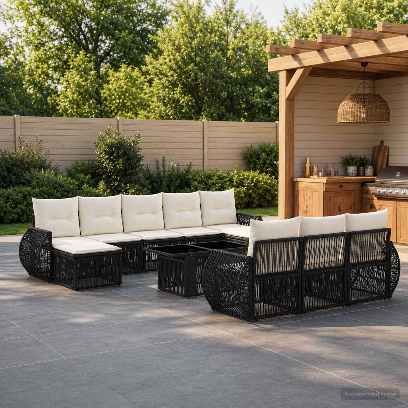 Außenterrasse mit schwarzen geflochtenen Ecksofa-Garnituren und weißen Kissen, die um einen Couchtisch herum angeordnet sind, neben einer Holz-Poolside-Gartenlaube und einem Grill.