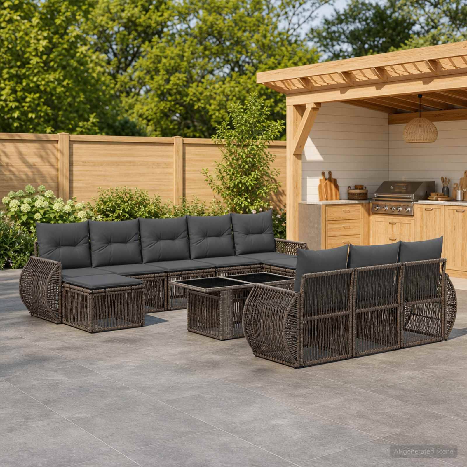 Outdoor-Terrasse mit dunklem Rattanecksofa und Couchtischen neben einer Holzpergola mit Bar- und Grillbereich in einem umzäunten Hinterhof.