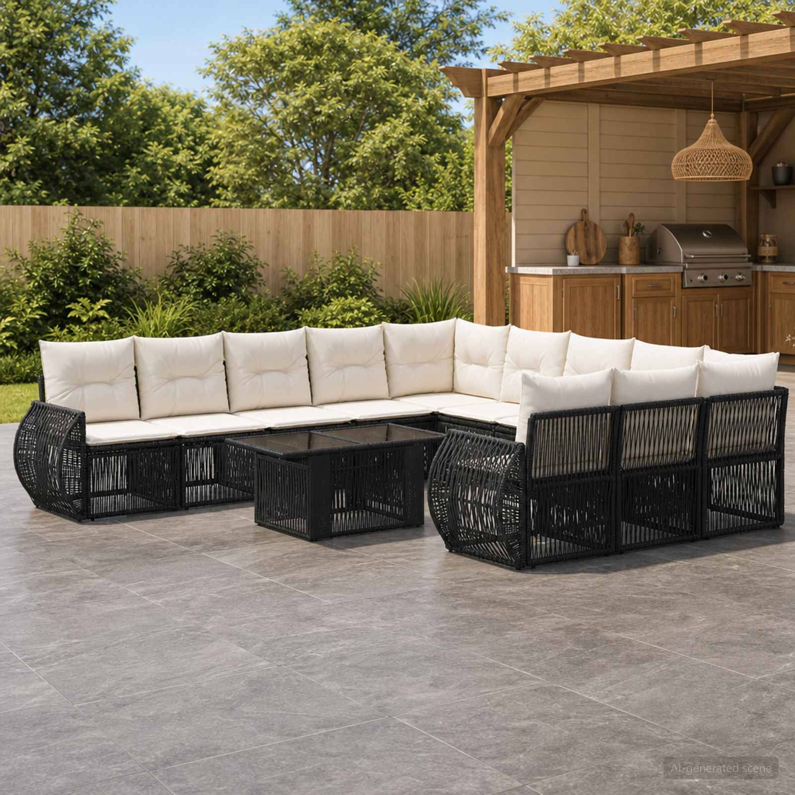 Outdoor-Terrassenbereich mit schwarzem Rattan-Ecksofa und cremefarbenen Kissen um einen passenden Couchtisch, neben einer Holzpergola und einer Außengrill-Station.