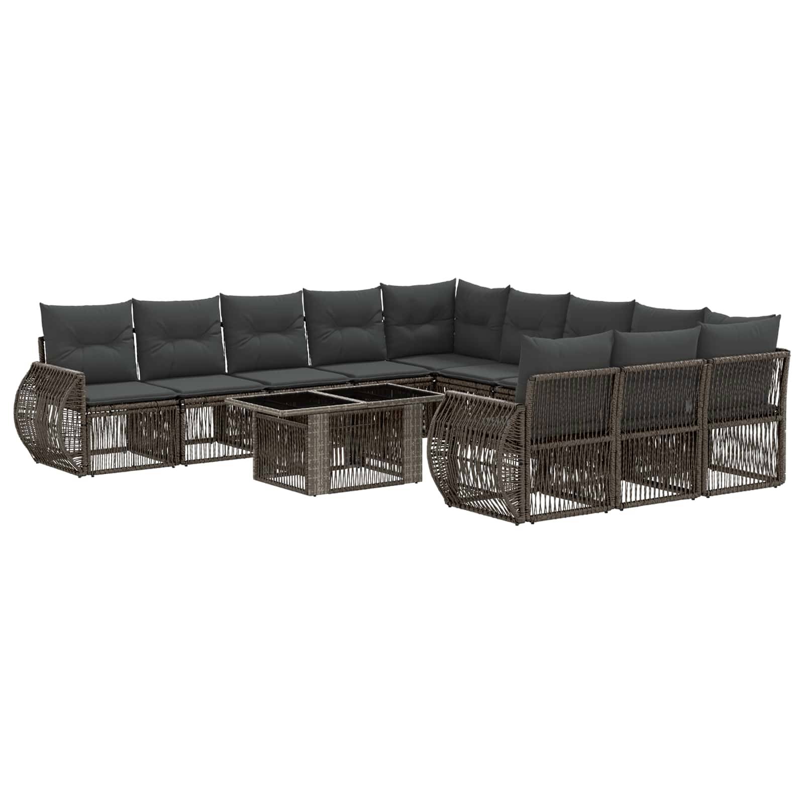 Dunkles Rattan-Außenbereich-Ecksofa-Set mit grauen Kissen und passendem Couchtisch auf weißem Hintergrund