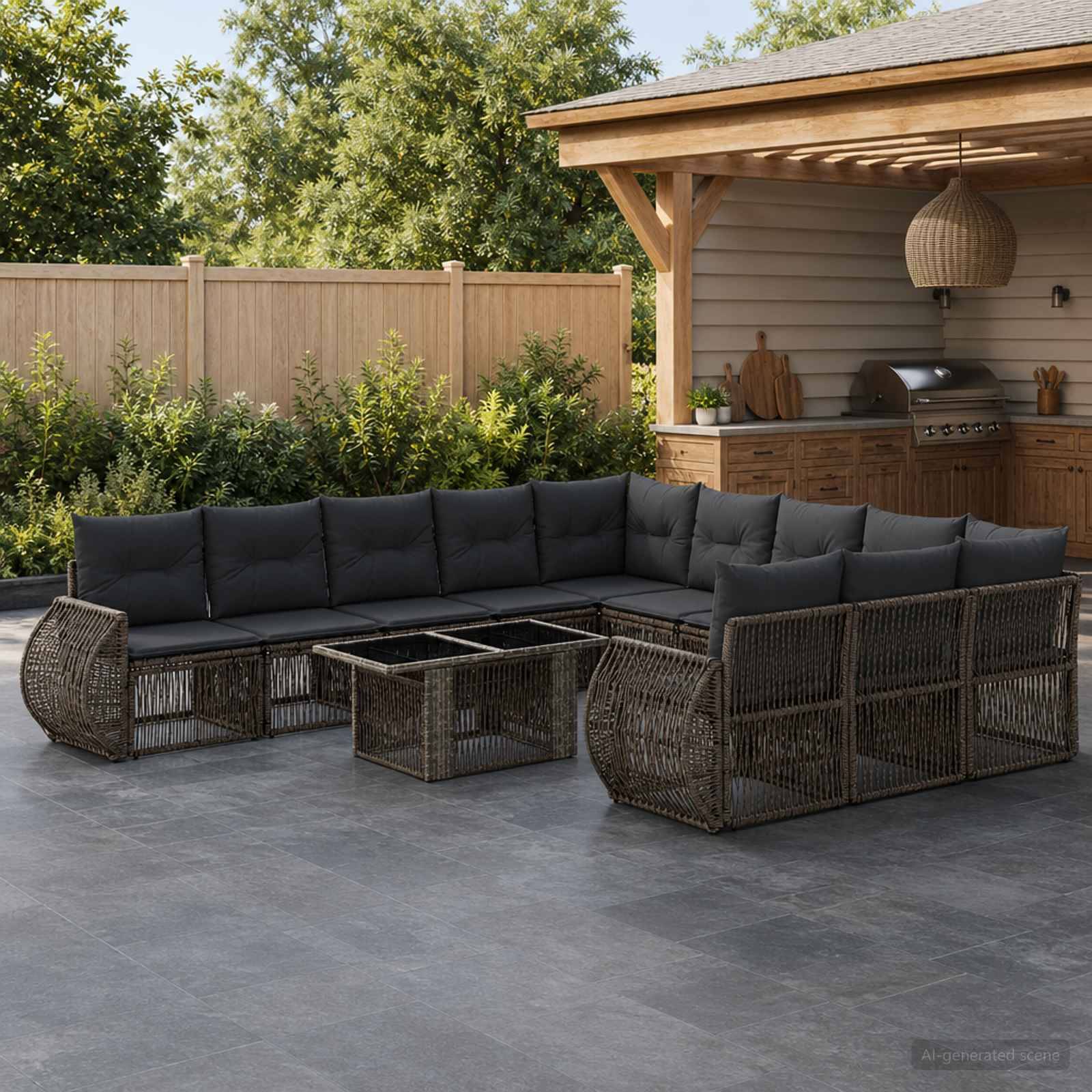 Außenpatio mit Korbsektionalsofa, Couchtischen und eingebautem Grill unter einer Holzpergola, eingegrenzt durch einen Zaun und Grünflächenbepflanzung.