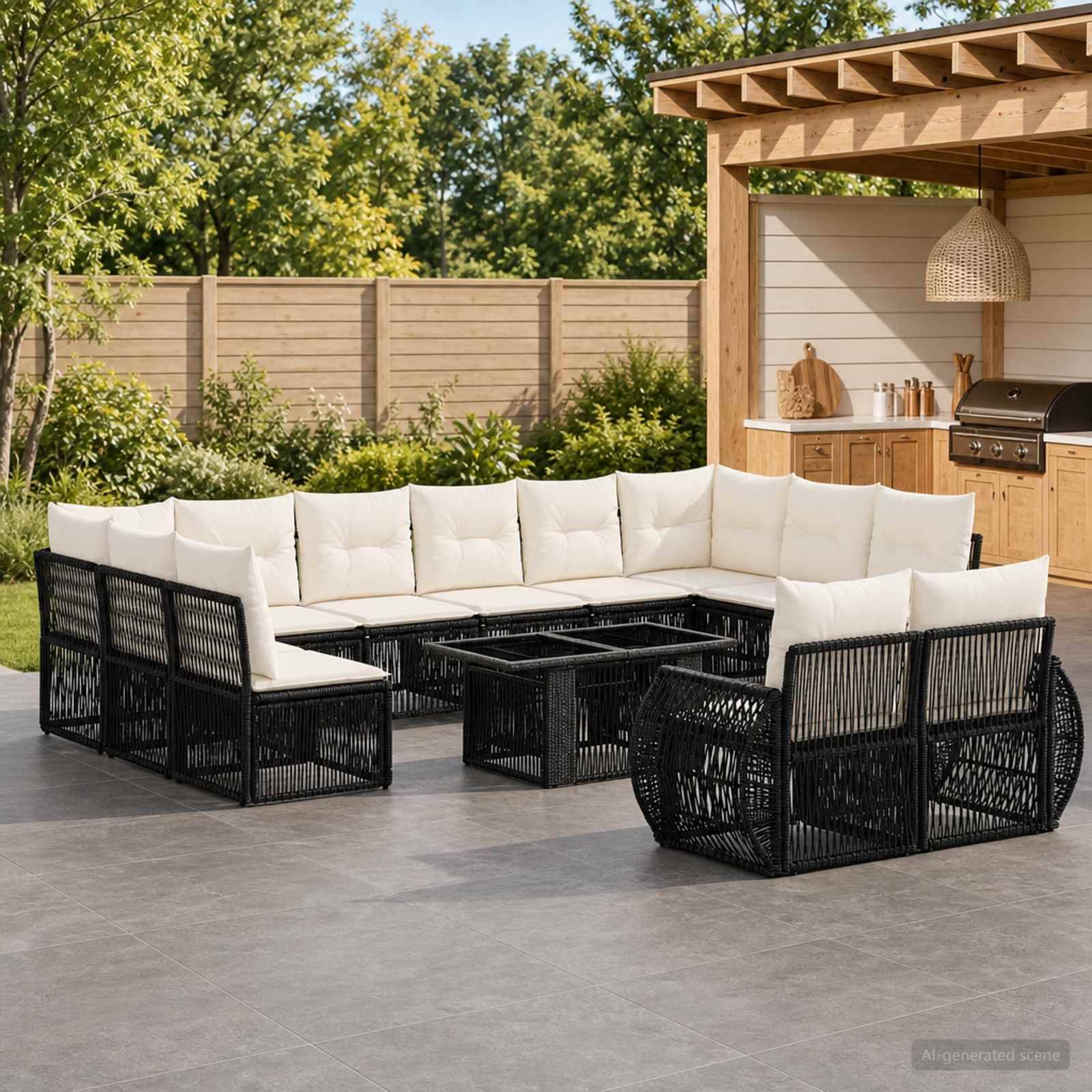 Outdoor-Sitzgarnitur mit schwarzen Flechtsofa-Modulen, weißen Kissen und passendem Tisch neben einer Holzpergola und Grillbereich.