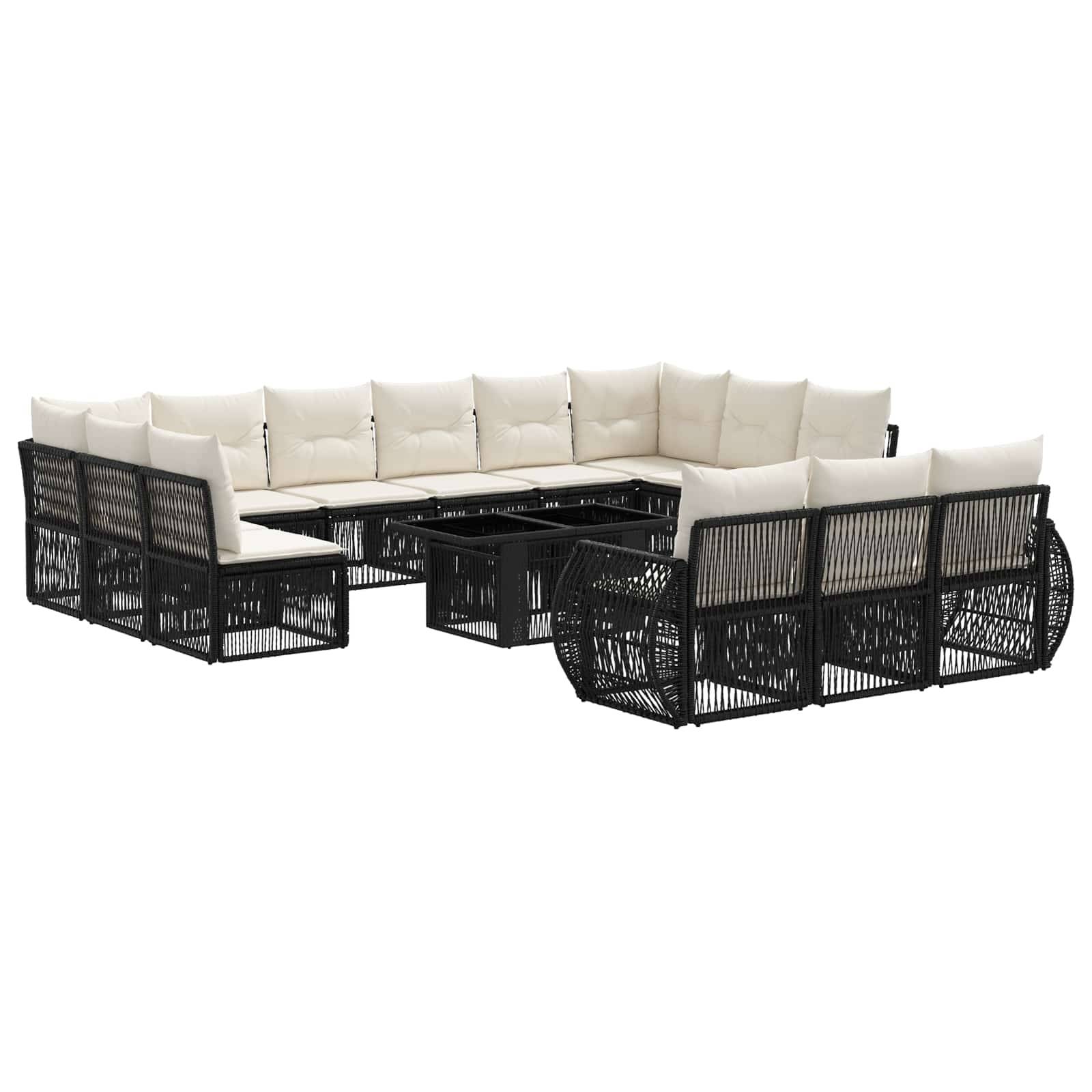Schwarzes Rattan-Außensofa-Set mit beigen Kissen und passendem Couchtisch auf weißem Hintergrund.