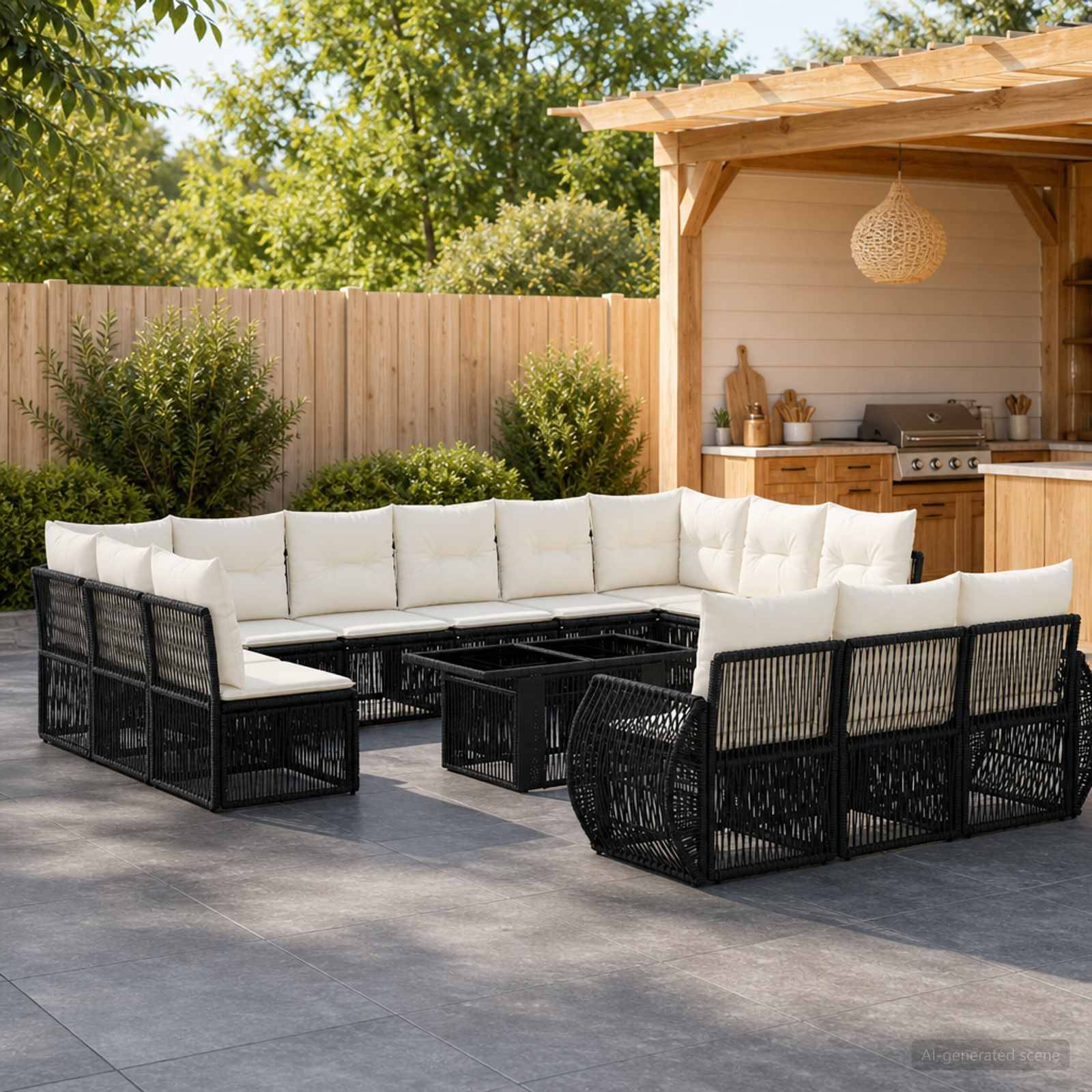 Außenterrasse mit schwarzem Rattansofa und weißen Kissen um einen niedrigen Tisch, neben einer Holzbar und einem Strandpavillon in einem eingezäunten Hinterhof.