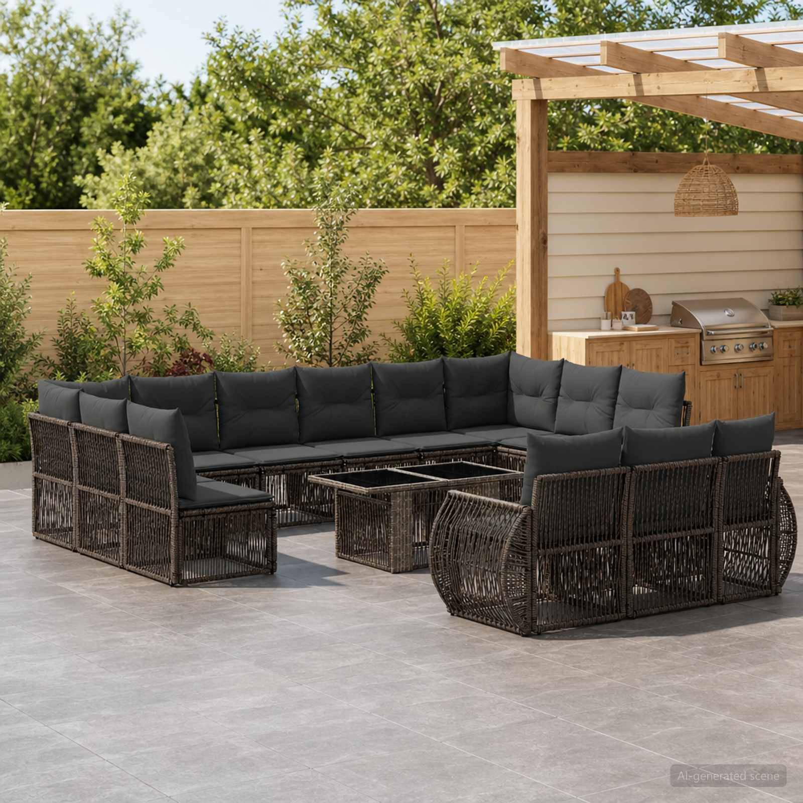 Outdoor-Terrasse mit einem dunklen Rattan-Ecksofa und Couchtisch, die um eine pergola-überdachte Bar und einen Grill vor einem Holzzaun angeordnet sind.