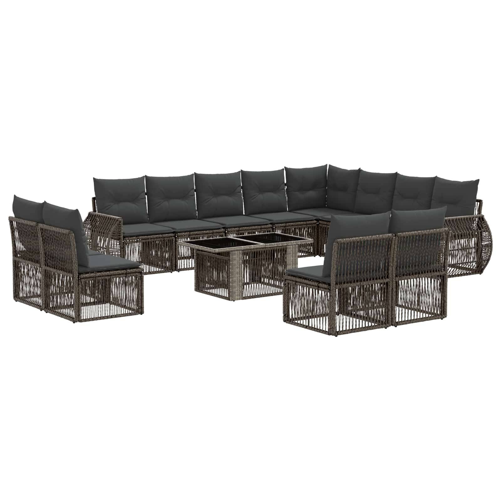 Dunkles Grau Polyrattan Outdoor Lounge-Set mit vier Stühlen und zwei Glastisch-Couchtischen in U-Form angeordnet