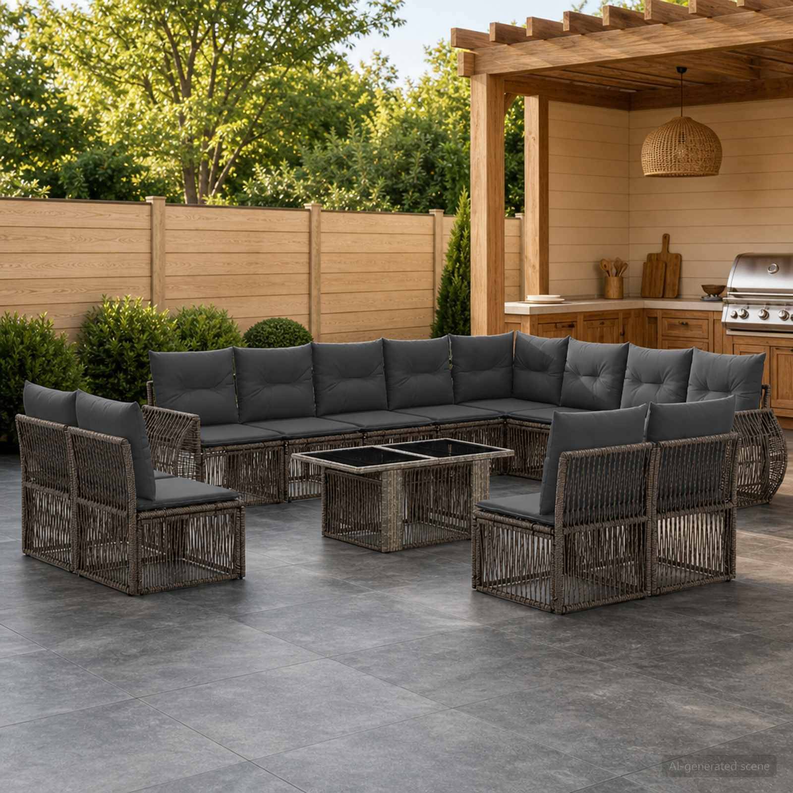 Außenpatio mit dunklem Rattan-Ecksofa und Couchtisch neben einem überdachten Grillbereich und Holzprivatsphärezaun.