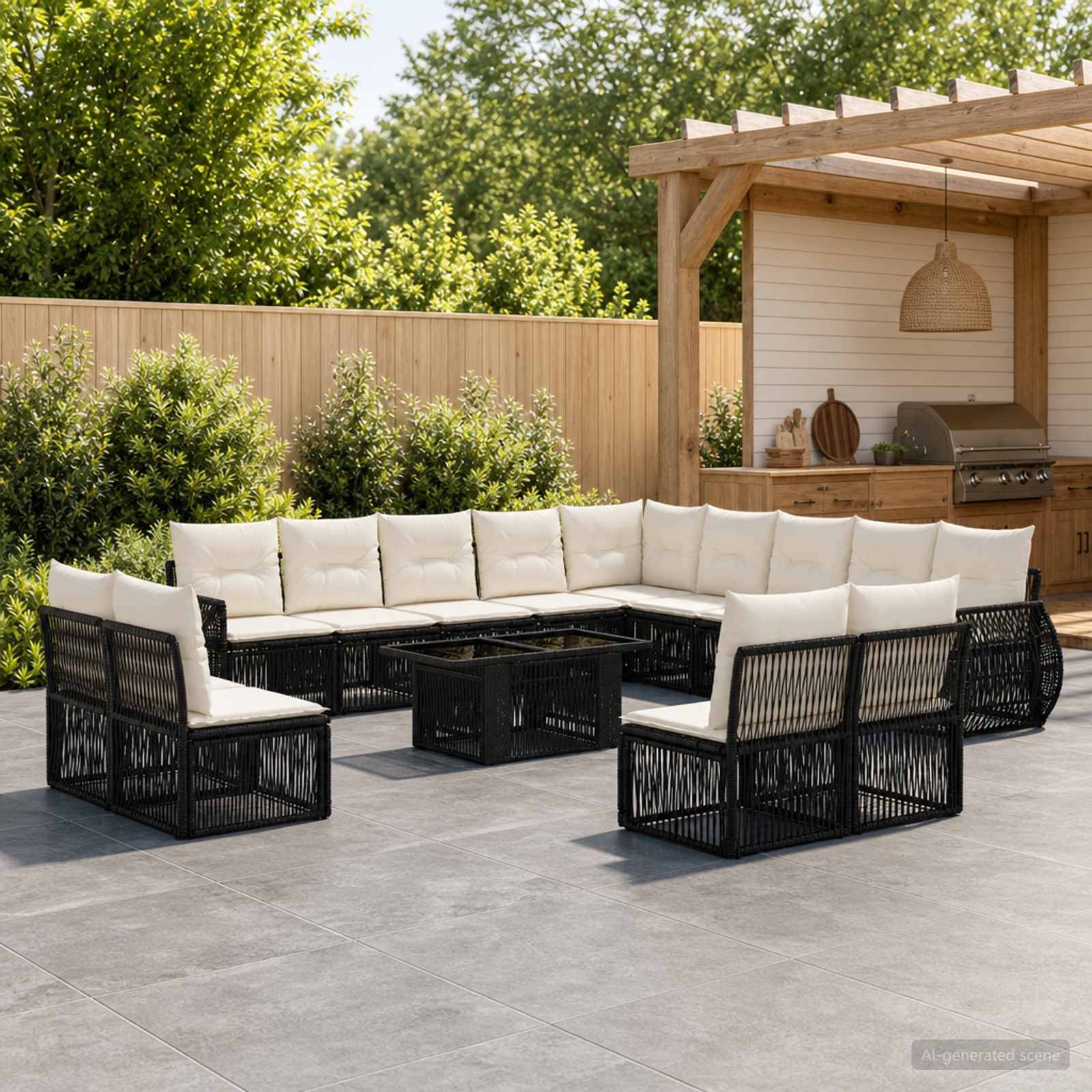 Außenpatio mit schwarzem Polyrattan-Ecksofa und weißen Kissen, die um einen quadratischen Couchtisch herum angeordnet sind, neben einer Holzpergola und einem Grill.
