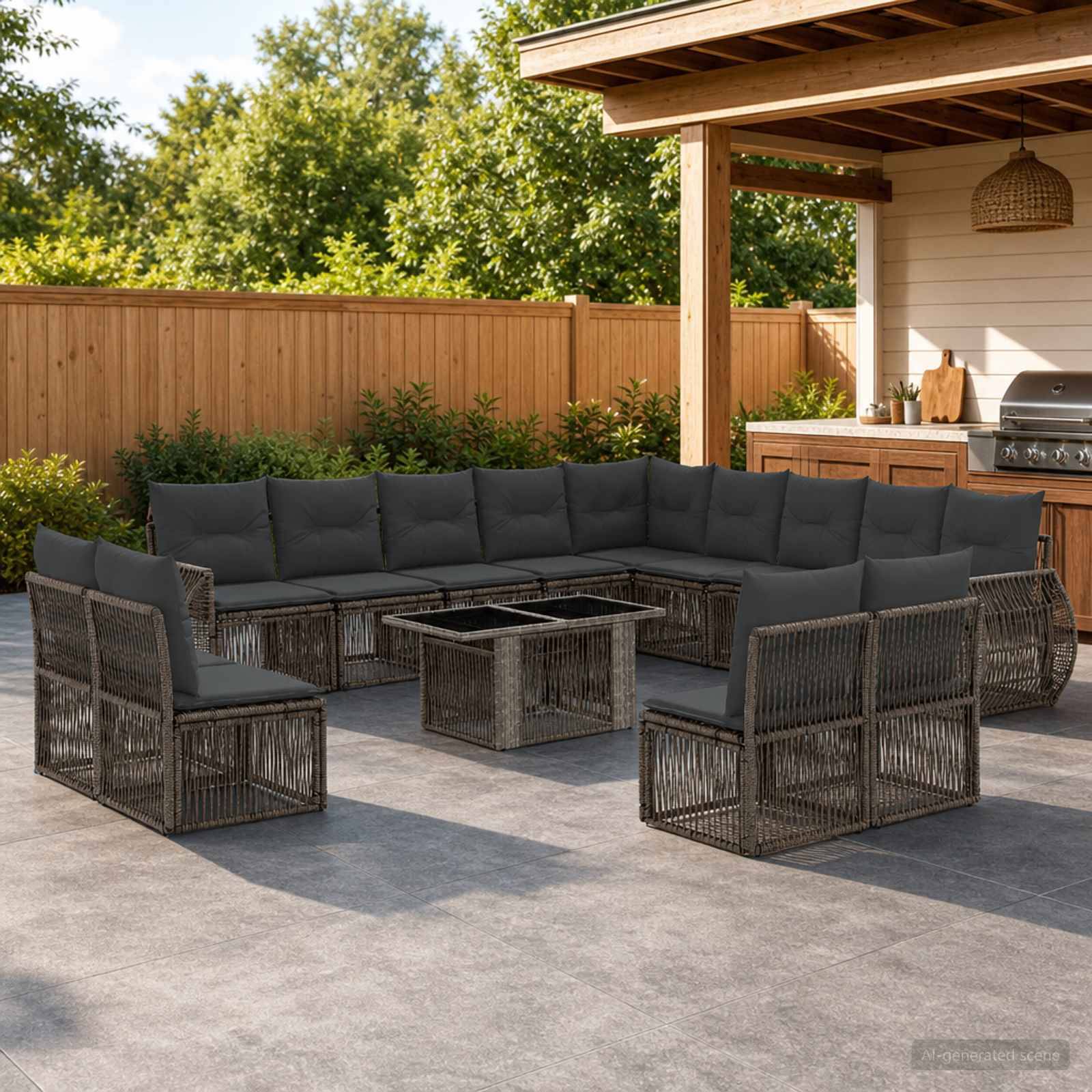 Outdoor-Terrasse mit einem L-förmigen Korbrattan-Ecksofa, zwei Stühlen und einem Glastisch neben einem überdachten Grillbereich und einem Holzzaun.
