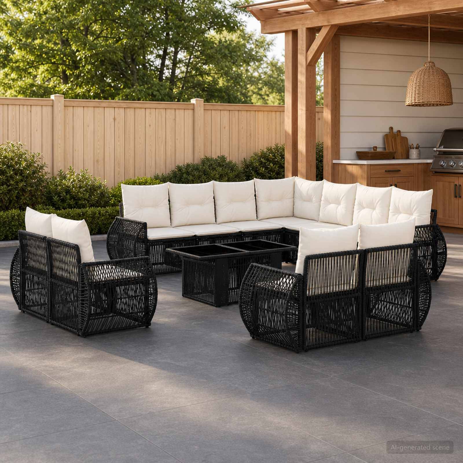 Außenbereich mit Terrassenmöbeln aus schwarzem Korbgeflecht, bestehend aus einem Sofa, Stühlen und einem Couchtisch mit weißen Kissen neben einer Holzpergola und einem Grill.