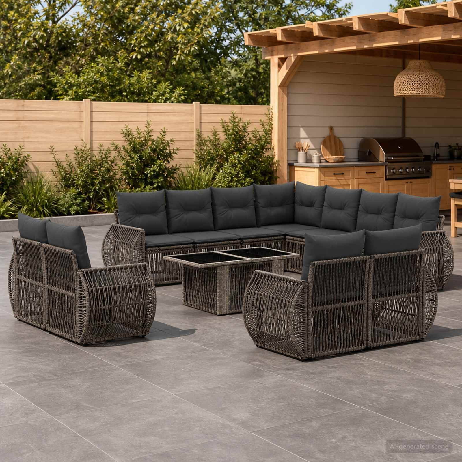 Gartenmöbel-Set im Freien mit dunklem Polyrattan-Ecksofa, Sesseln und Glaskaffeetisch neben einer eingebauten Außenküche und einer Pergola.
