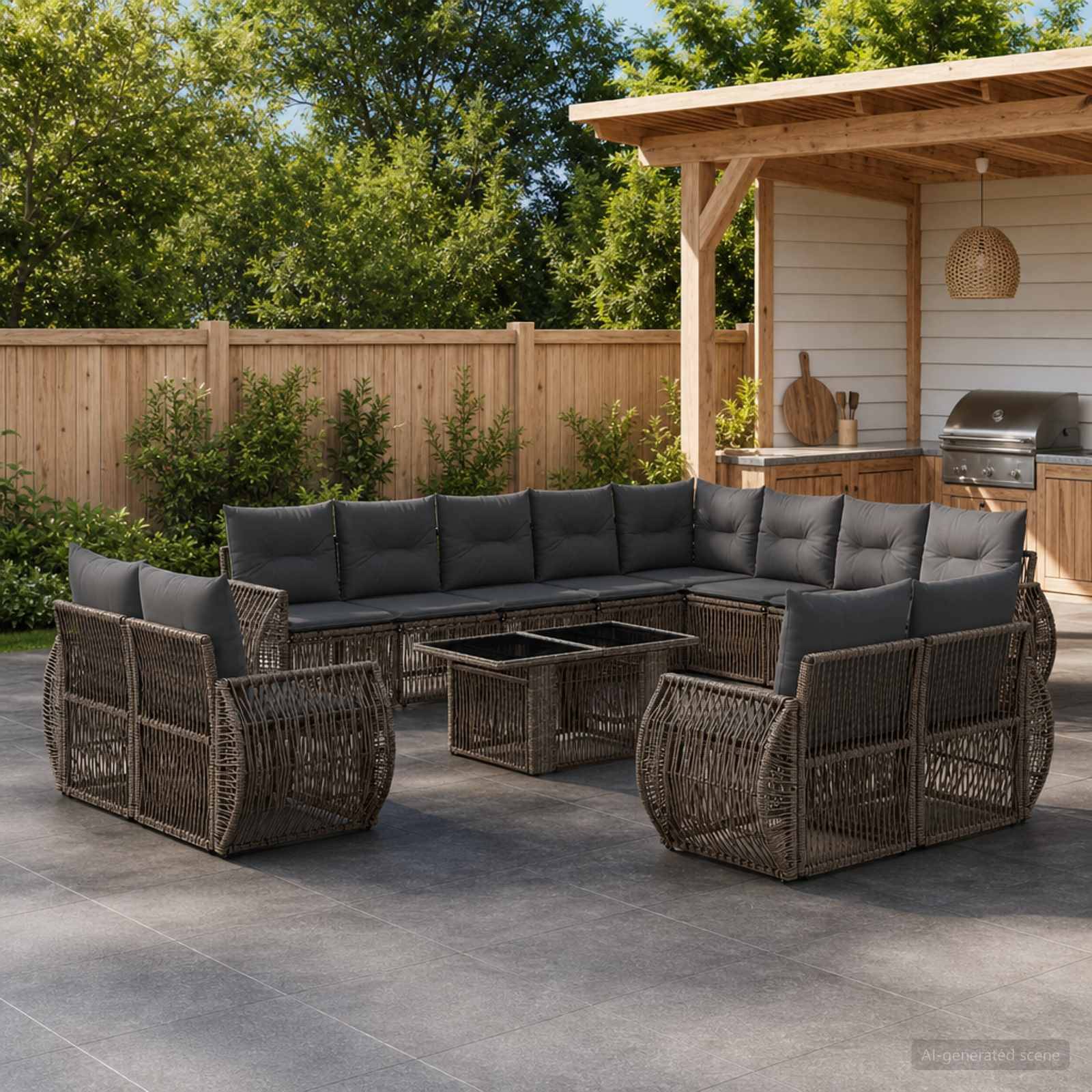 Outdoor-Terrasse mit Korbsektionalbestuhlung und Glaskamin-Tisch neben einer Außenküche und einem Holzzaun als Sichtschutz.
